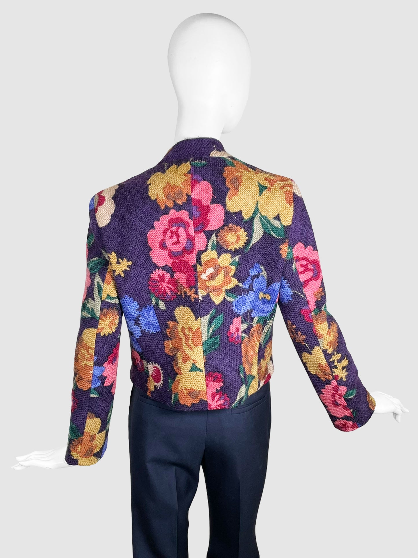 Wool Floral Print Double-Breasted Blazer - Size L