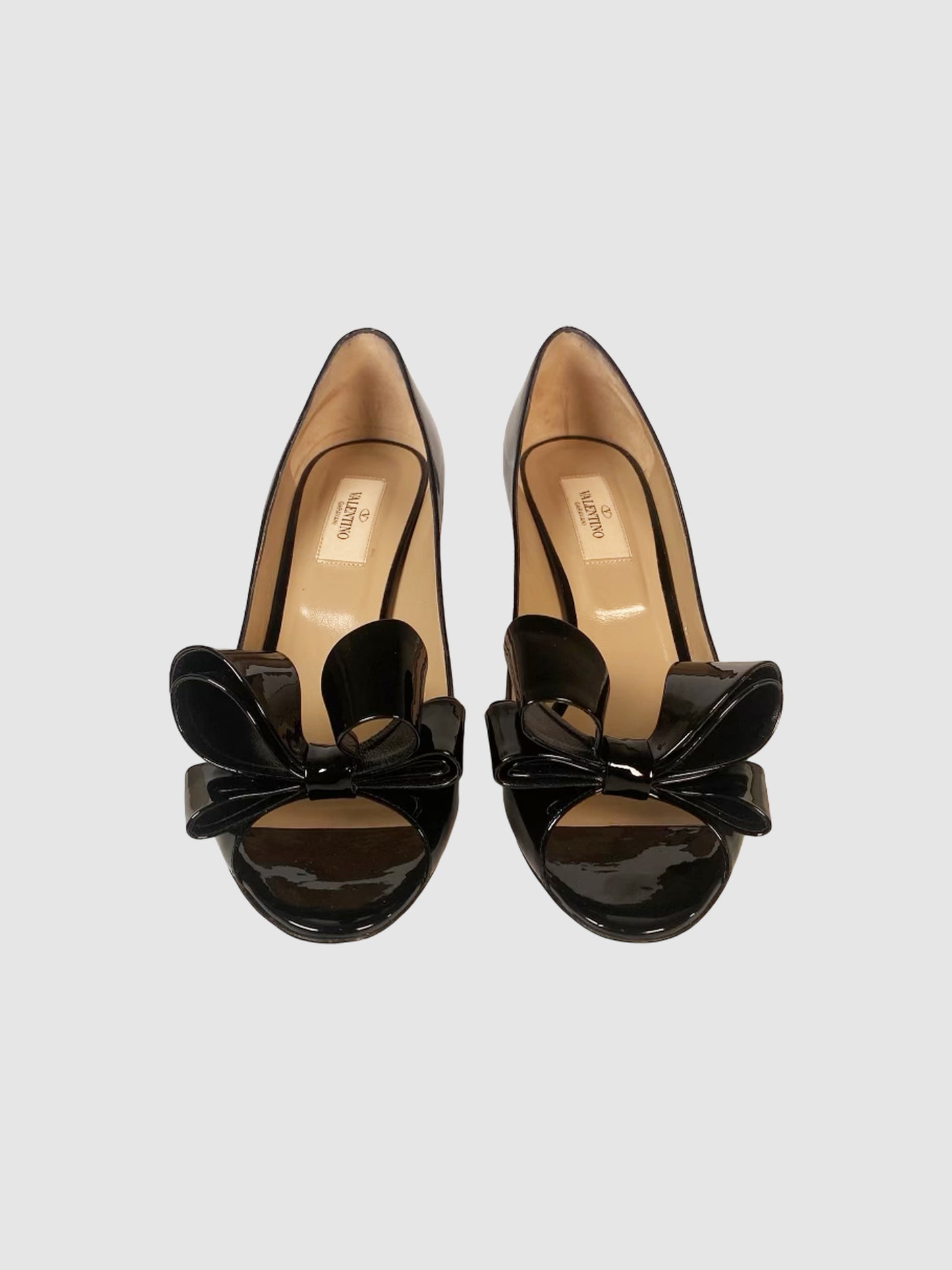 Valentino Patent Leather Bow Open Toe Pumps - Size 39