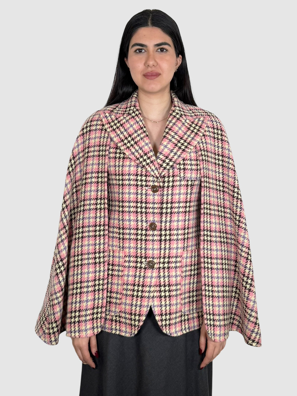 Gucci Pink, Brown, and Cream Houndstooth 2-Piece Cape and Vest Set, Size 42 luxury designer resale consignment toronto canada secondhand