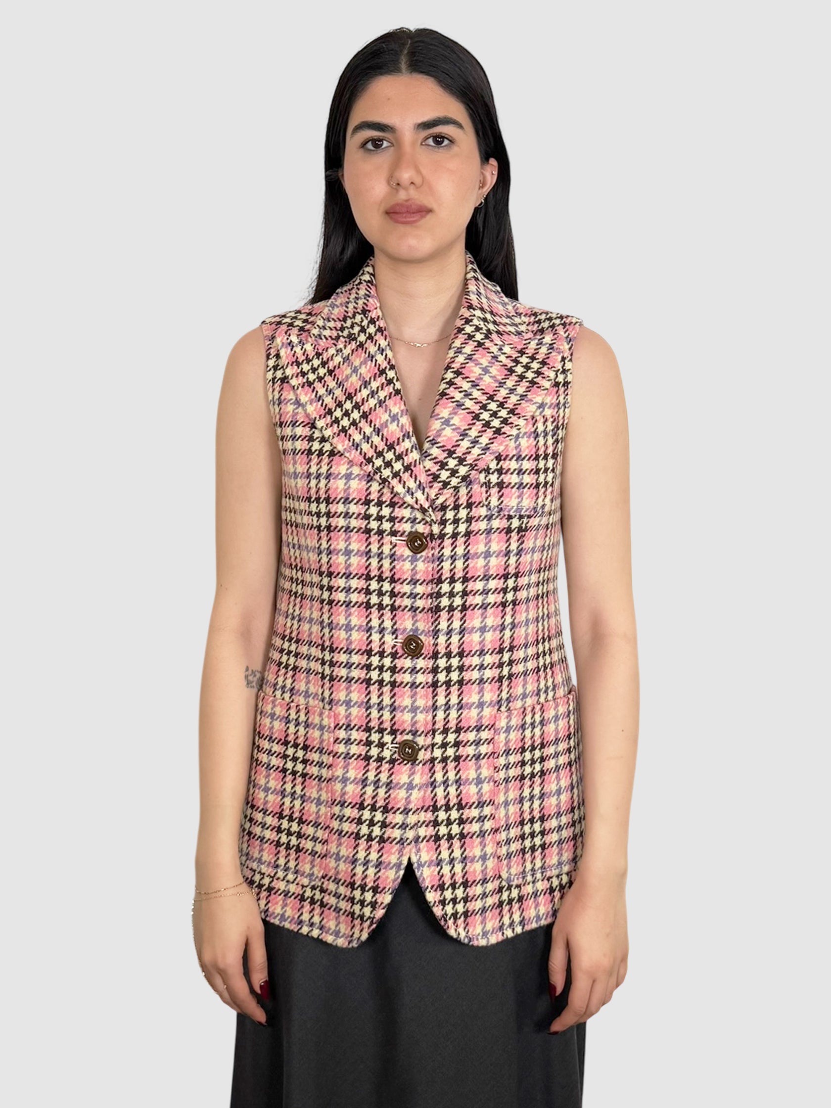 Gucci Pink, Brown, and Cream Houndstooth 2-Piece Cape and Vest Set, Size 42 luxury designer resale consignment toronto canada secondhand