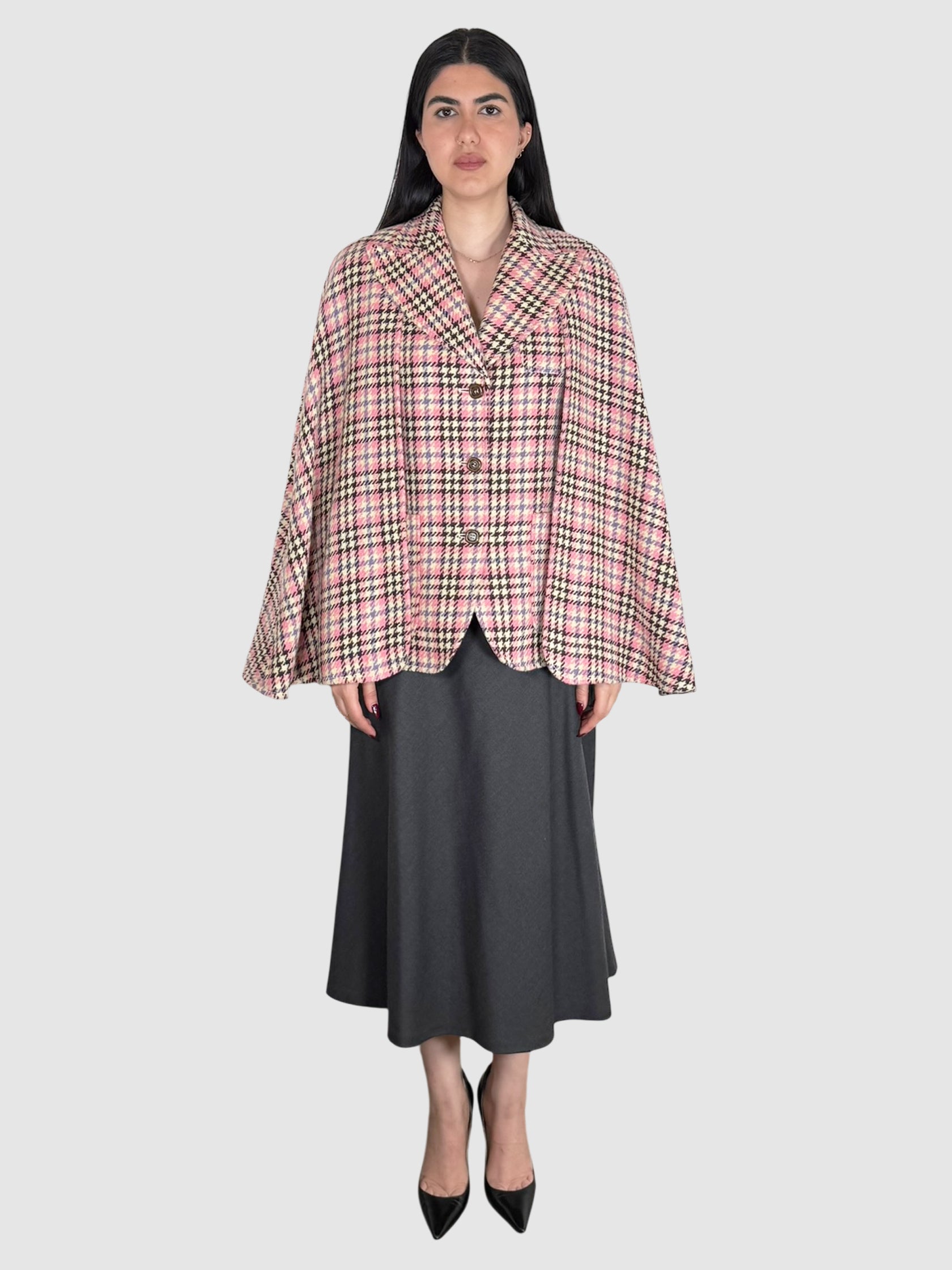 Gucci Pink, Brown, and Cream Houndstooth 2-Piece Cape and Vest Set, Size 42 luxury designer resale consignment toronto canada secondhand