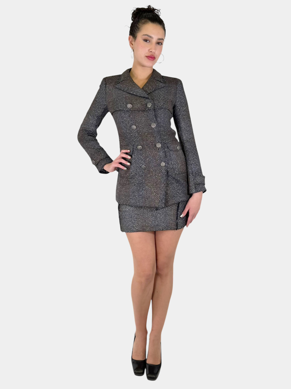 Chanel Grey and Brown Shimmery Metallic Wool 2-Piece Set, Size 36 Luxury Designer Resale Consignment Toronto Suit
