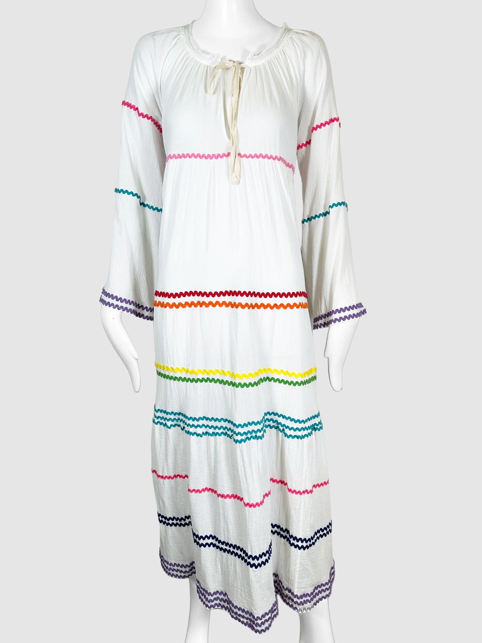 9 Seed White and Multicolour Squiggle Trim Long Sleeve Maxi Dress Size Large Consignment Secondhand Designer Luxury Resale Toronto Trendy