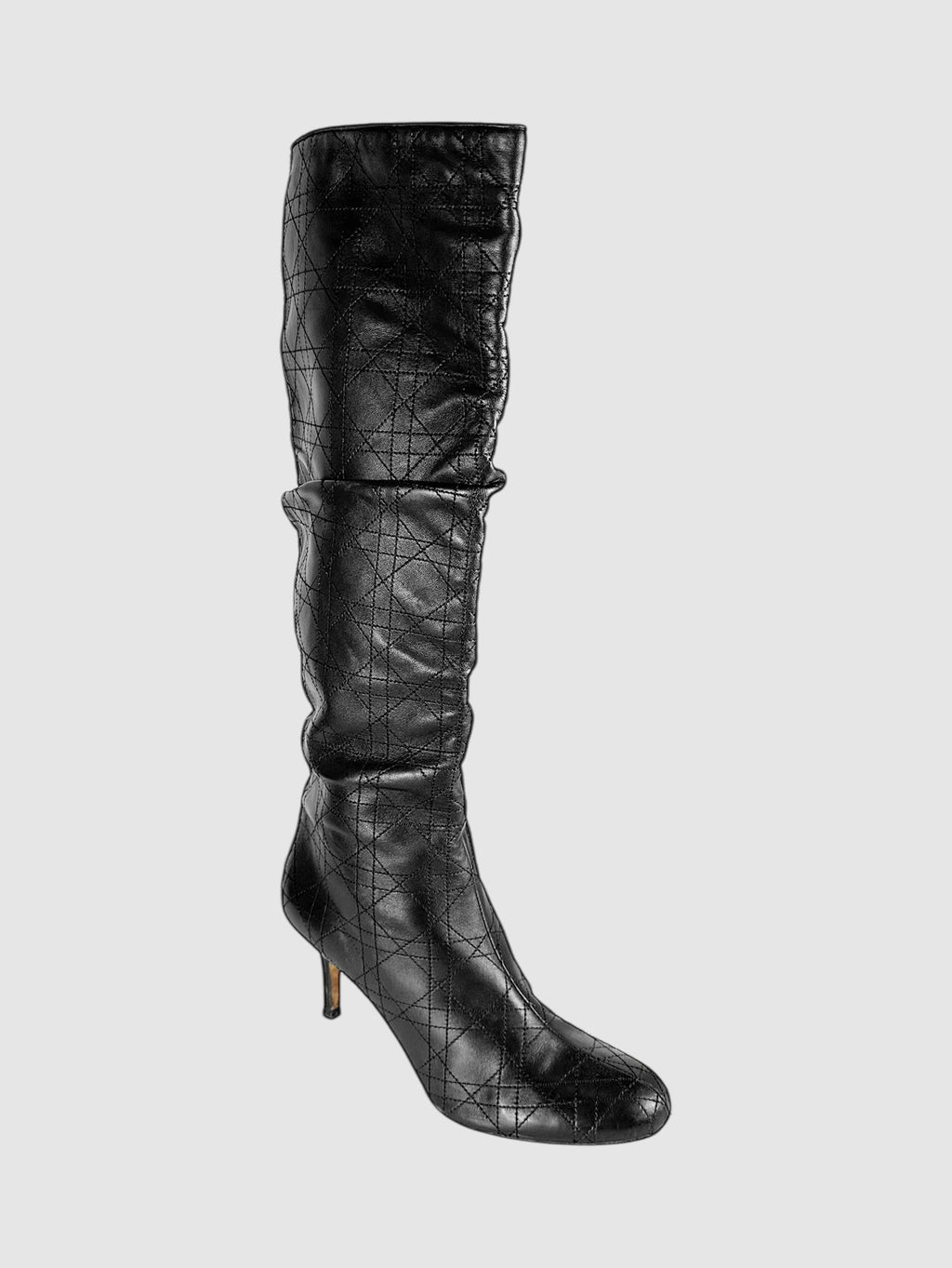 Christian Dior Black Leather Cannage Knee-High Slouch Tall Stiletto Boots, Size 40 Luxury Designer Resale Consignment Toronto Secondhand