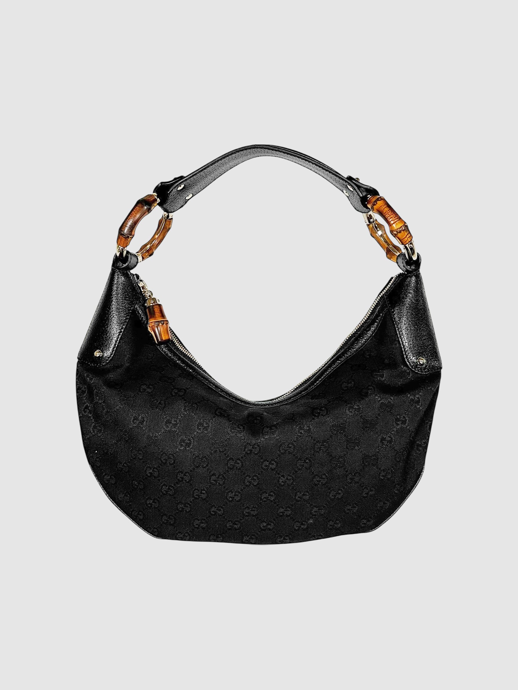 Gucci Black Monogram Canvas and Bamboo Ring Hobo Bag luxury designer resale consignment Toronto Canada secondhand
