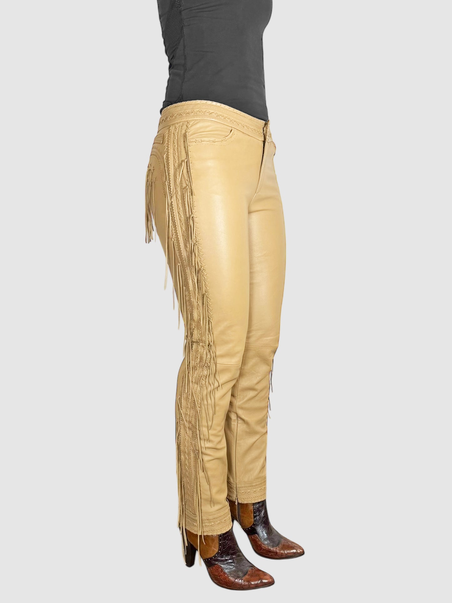 Leather Fringe Slim Pants - Size 40