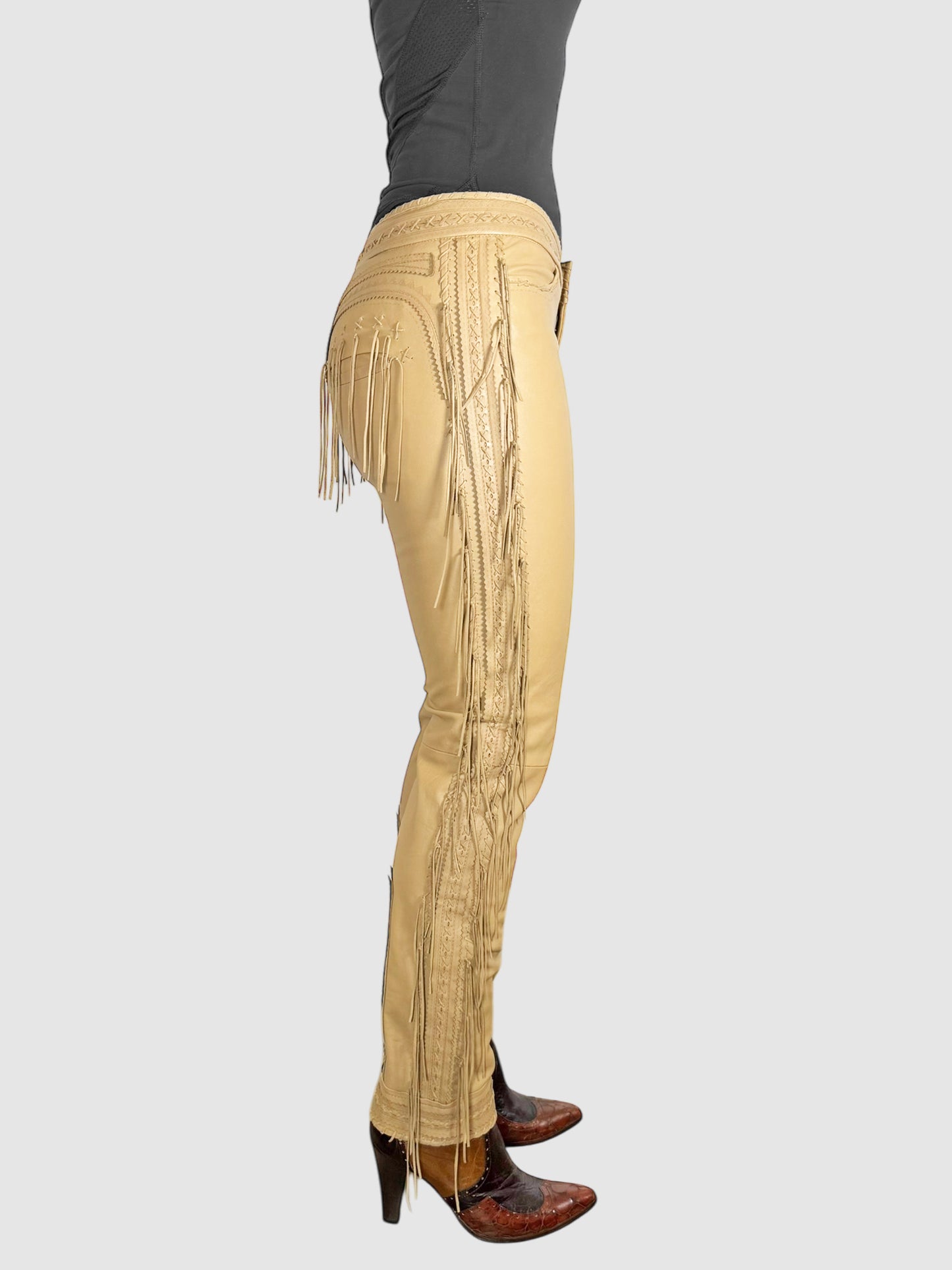 Leather Fringe Slim Pants - Size 40