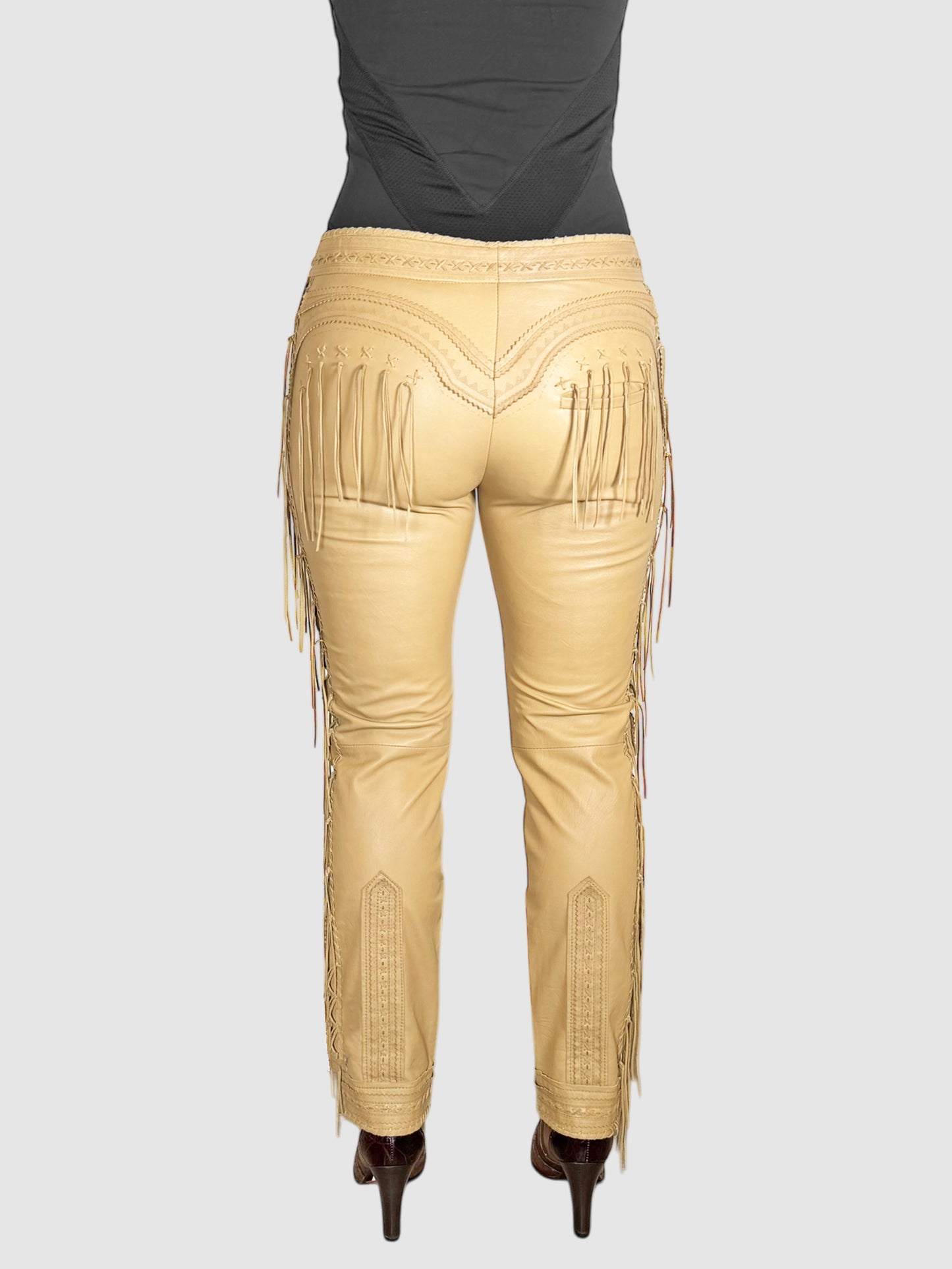 Leather Fringe Slim Pants - Size 40