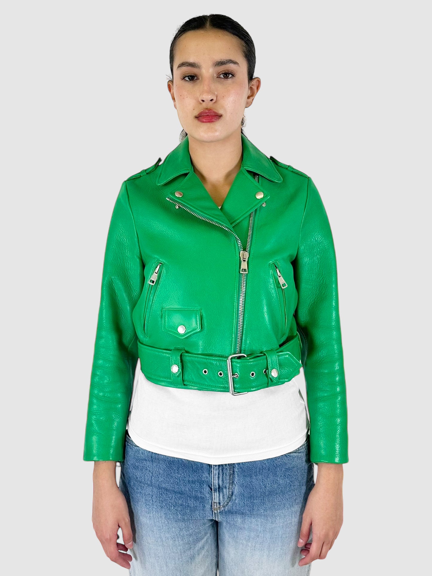 Cropped Belted Moto Jacket - Size 40