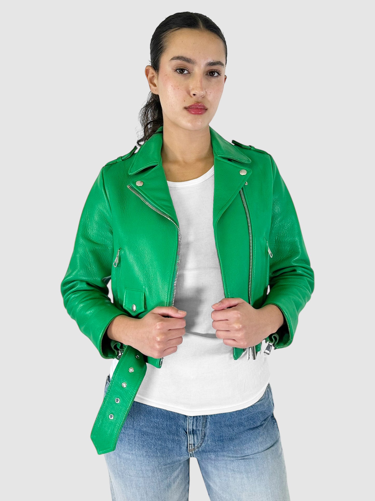 Cropped Belted Moto Jacket - Size 40