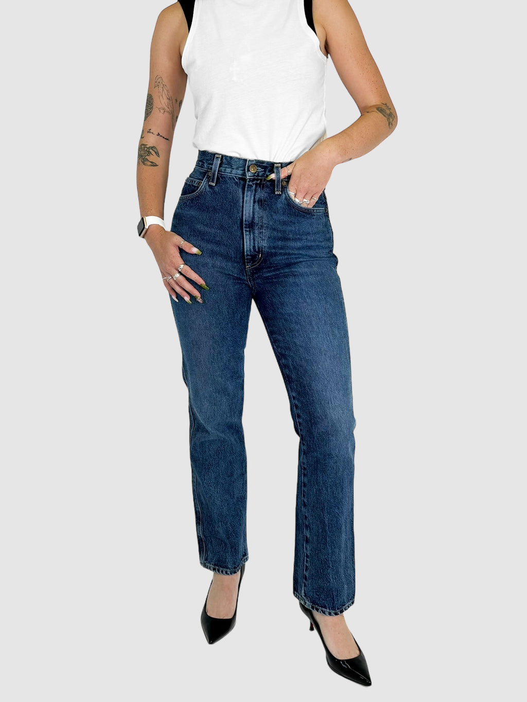 AGOLDE Navy Blue Pinch Waist High-Rise Kick-Flare Jeans Size 25 Consignment Secondhand Designer Luxury Resale Toronto Trendy