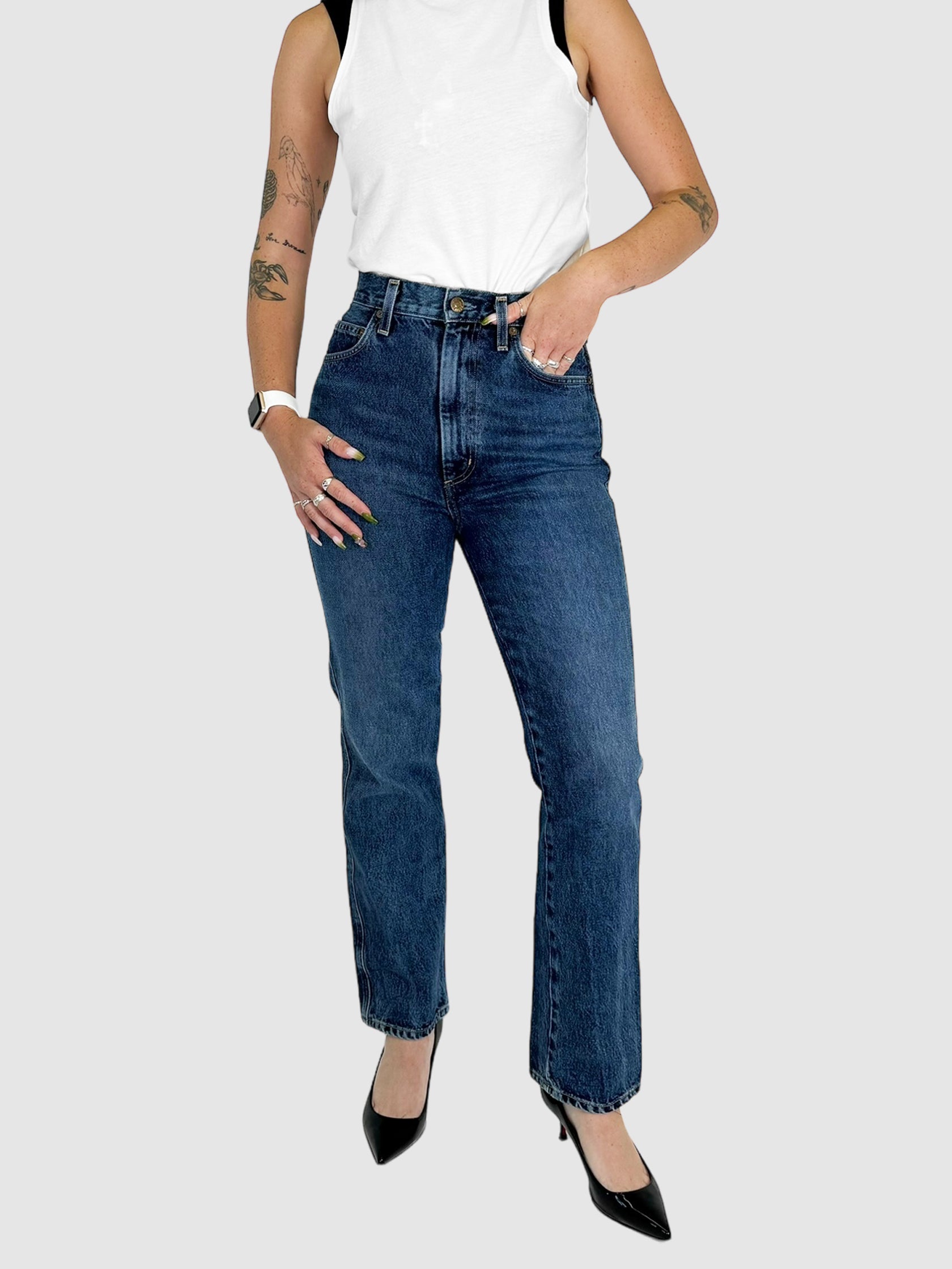 AGOLDE Navy Blue Pinch Waist High-Rise Kick-Flare Jeans Size 25 Consignment Secondhand Designer Luxury Resale Toronto Trendy