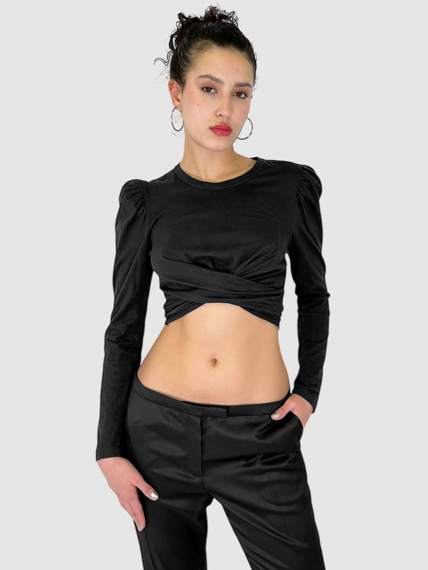 Tie Waist Cropped Long Sleeve Top - Size S