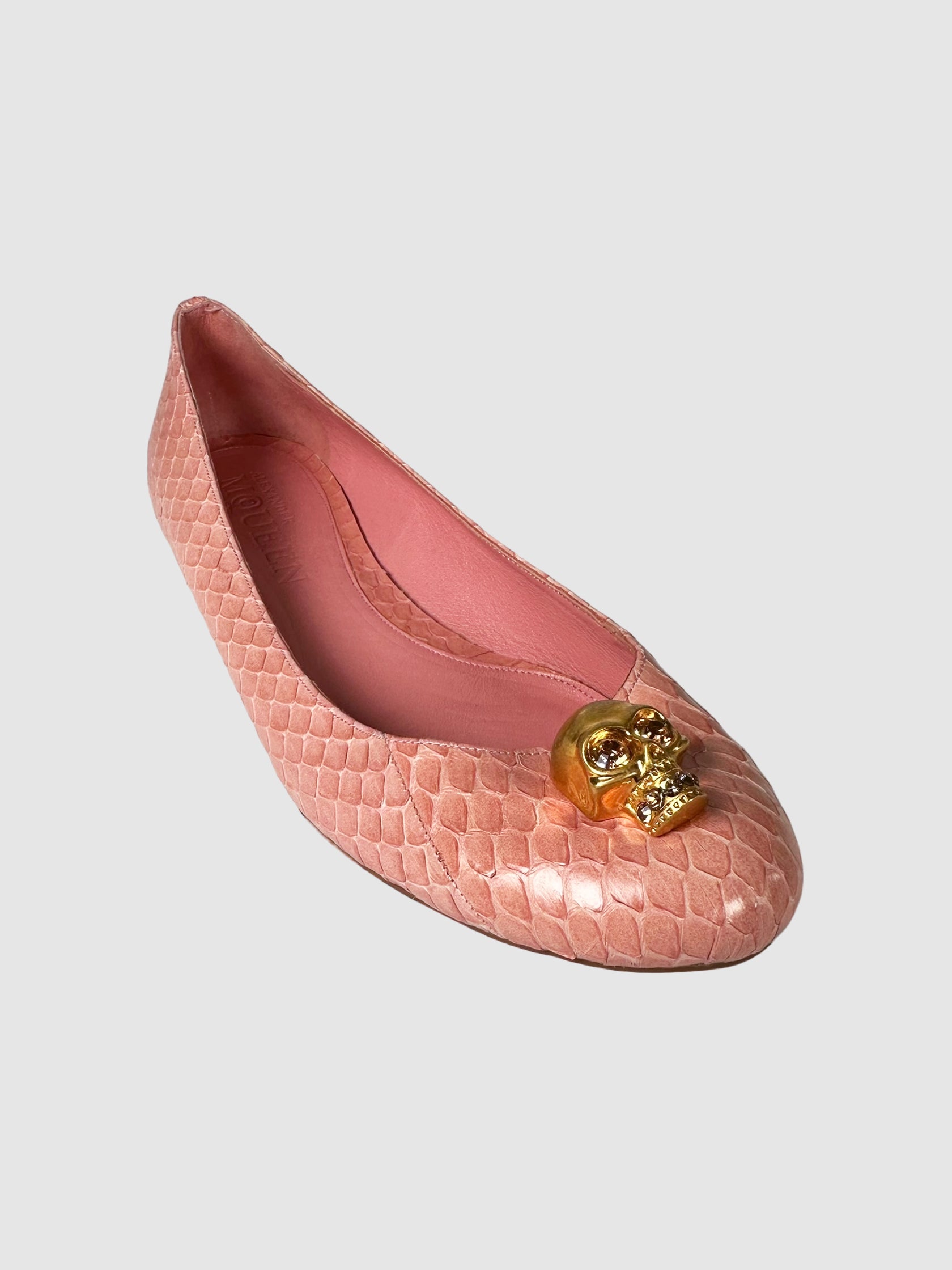 Alexander McQueen Pink Snakeskin Leather Skull Accent Flats Size 40 Consignment Secondhand Designer Luxury Resale Toronto Trendy