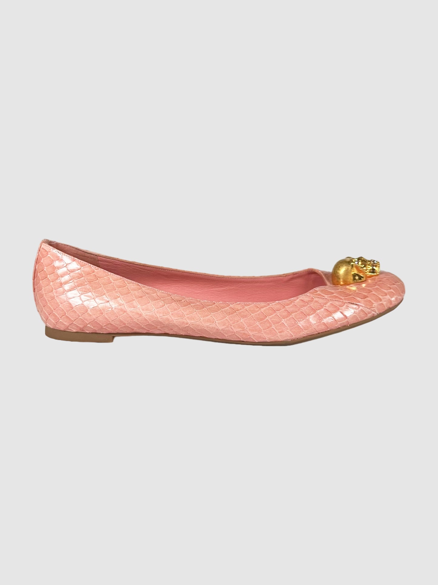 Alexander McQueen Pink Snakeskin Leather Skull Accent Flats Size 40 Consignment Secondhand Designer Luxury Resale Toronto Trendy