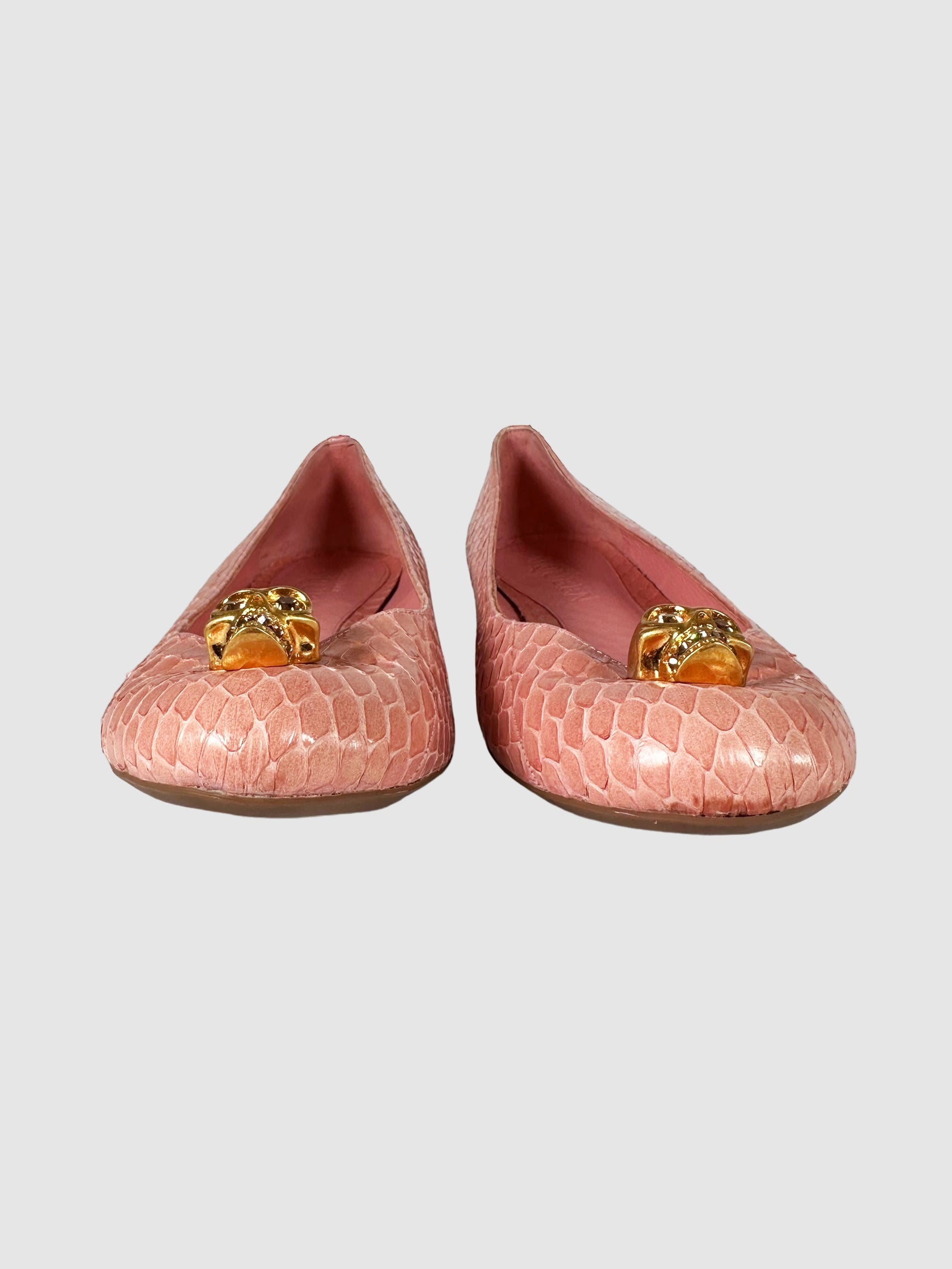 Alexander McQueen Pink Snakeskin Leather Skull Accent Flats Size 40 Consignment Secondhand Designer Luxury Resale Toronto Trendy