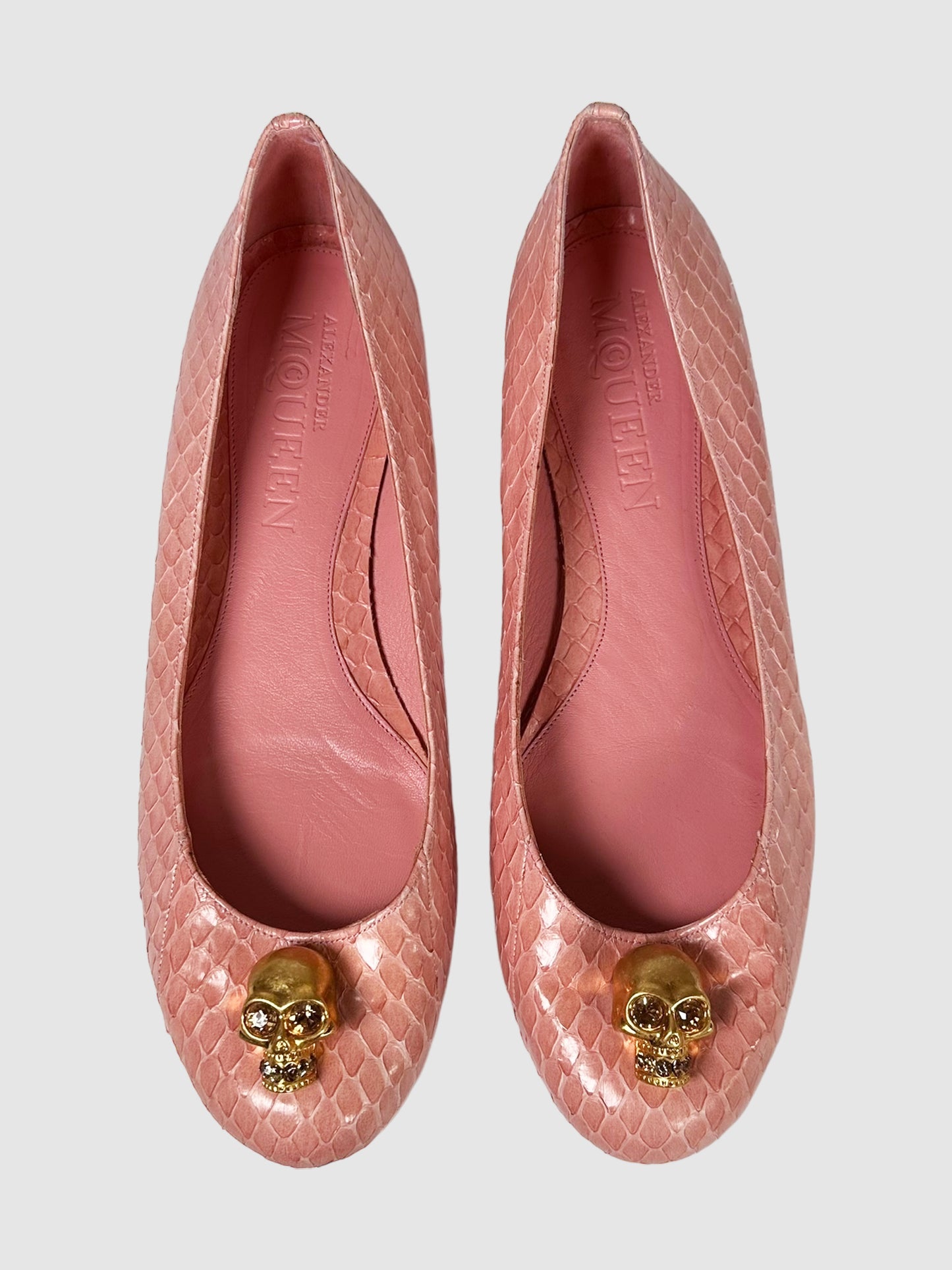 Alexander McQueen Pink Snakeskin Leather Skull Accent Flats Size 40 Consignment Secondhand Designer Luxury Resale Toronto Trendy