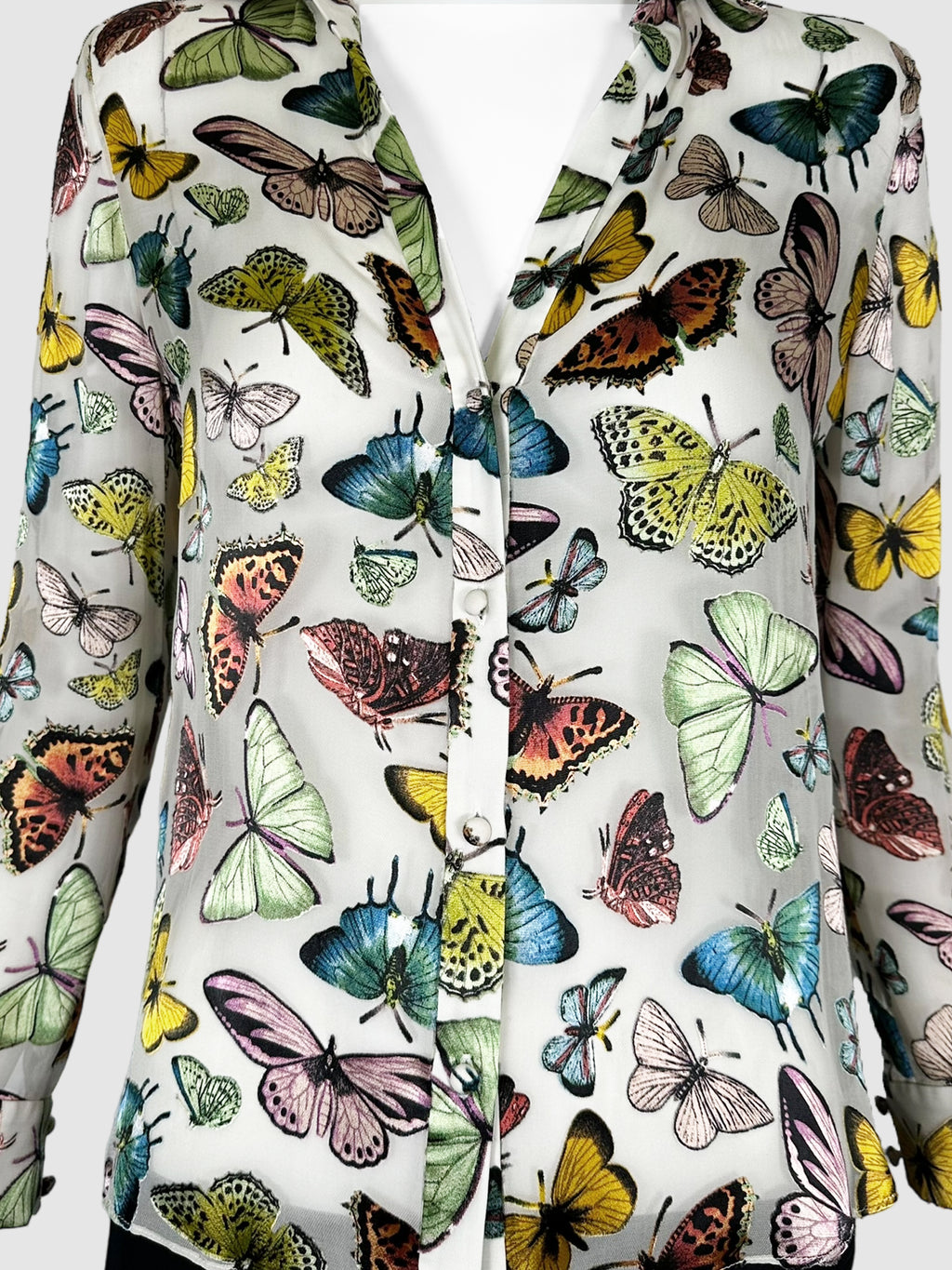 Alice + Olivia White and Multicolour Sheer Butterfly Print Button Down Top Size Extra Small Consignment Secondhand Designer Luxury Resale Toronto Trendy