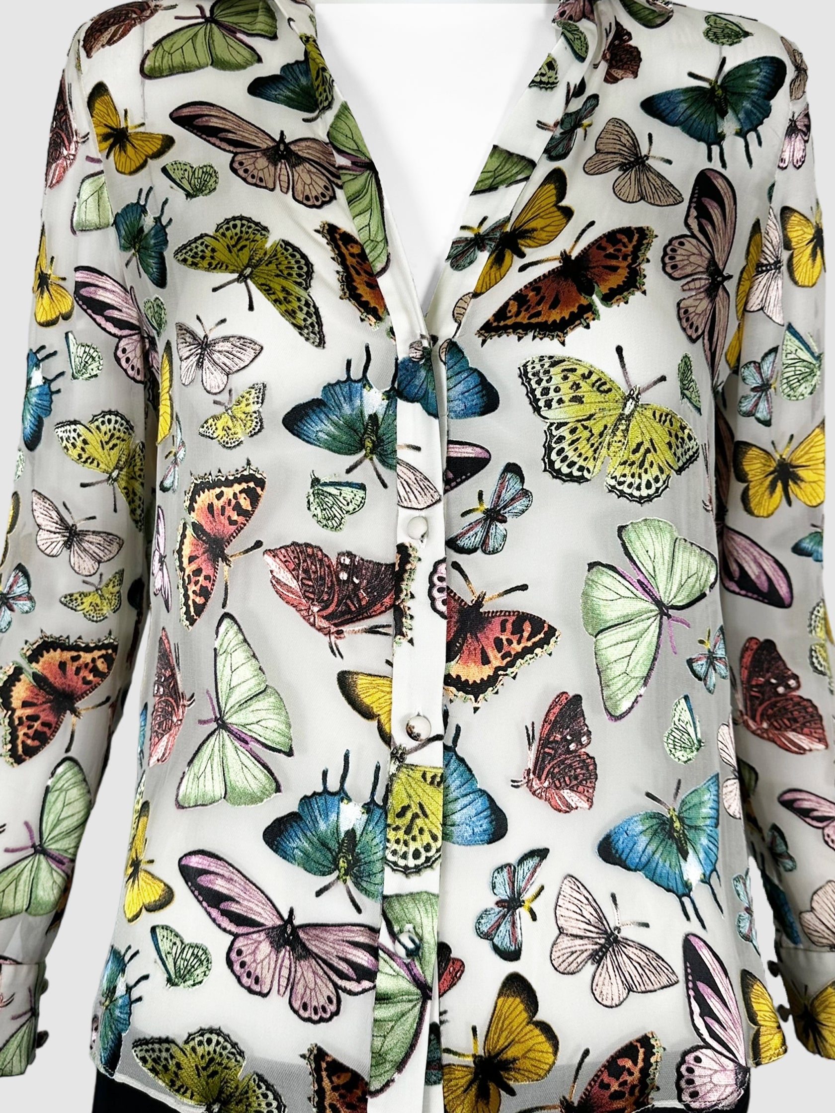 Alice + Olivia White and Multicolour Sheer Butterfly Print Button Down Top Size Extra Small Consignment Secondhand Designer Luxury Resale Toronto Trendy