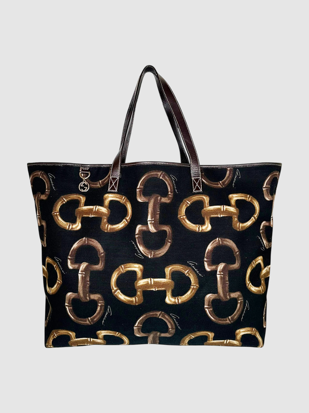 Gucci Brown and Black Canvas Horsebit Print Tote Bag handbag shoulder bag luxury designer resale consignment secondhand Toronto Canada 
