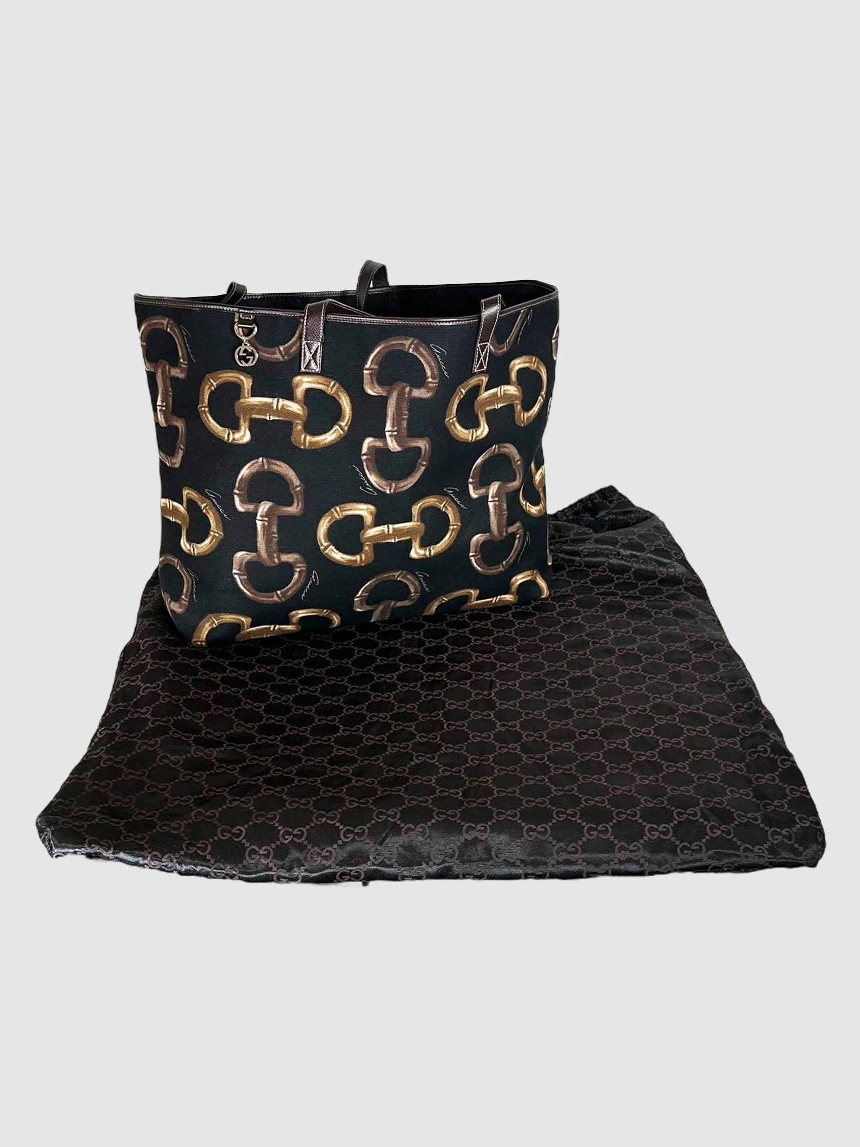 Gucci Brown and Black Canvas Horsebit Print Tote Bag handbag shoulder bag luxury designer resale consignment secondhand Toronto Canada