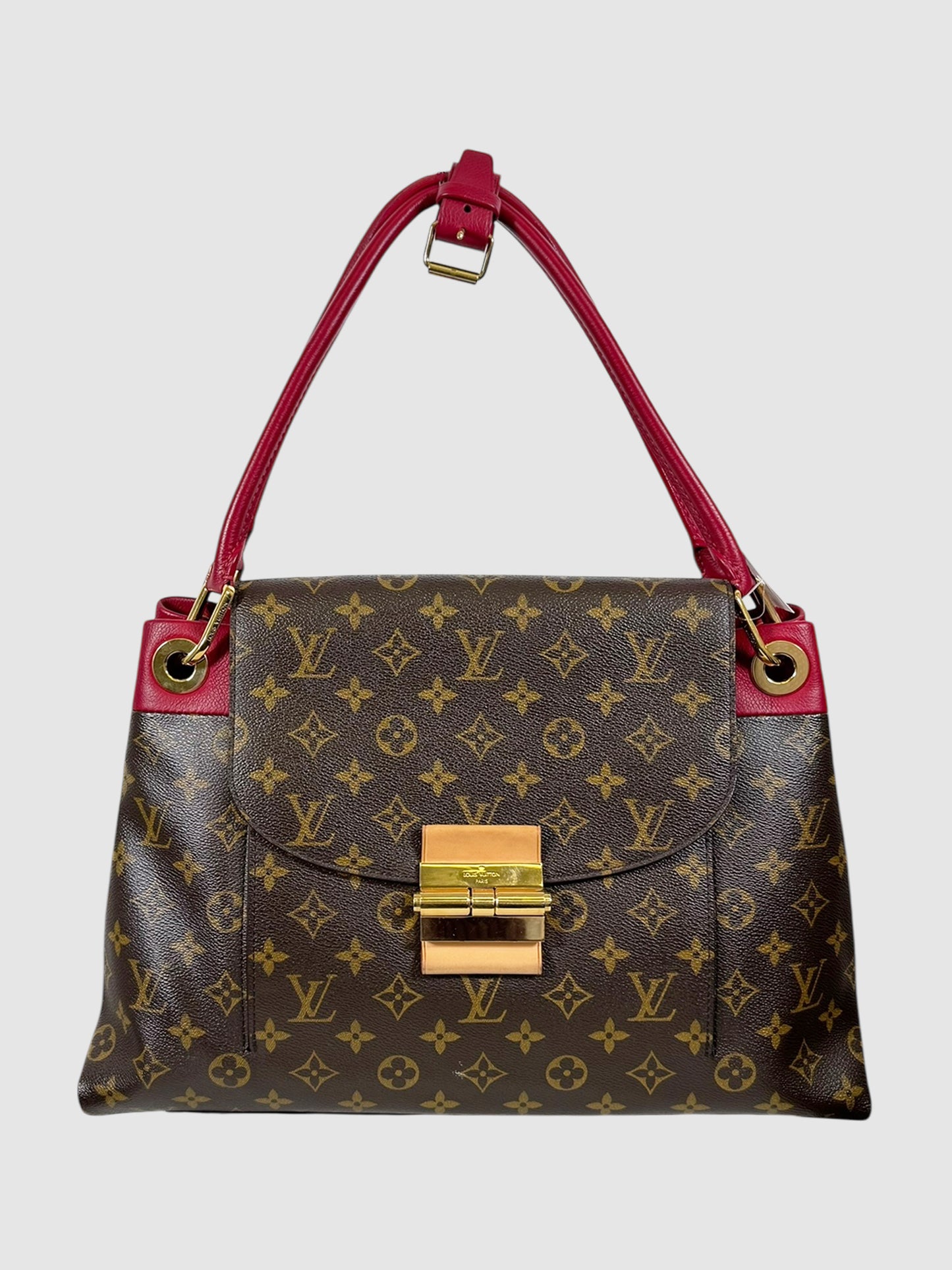 Louis Vuitton 2012 Brown Monogram with Rose Red Trim Leather Olympe Shoulder Bag Luxury Designer Resale Consignment Toronto Secondhand Handbag