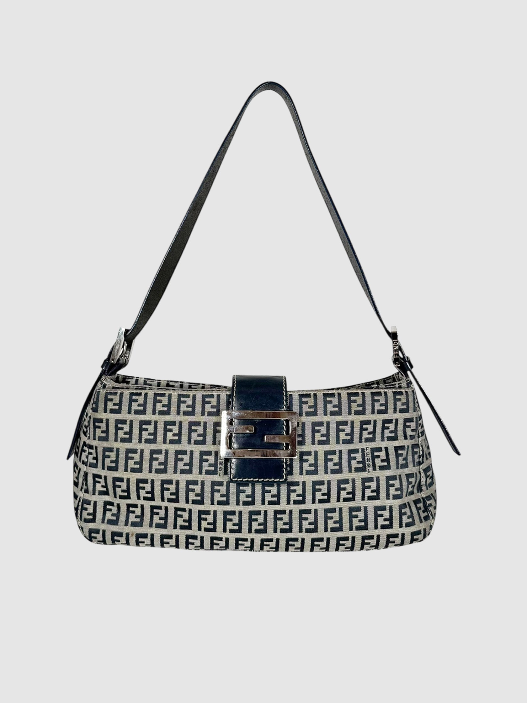 Fendi Grey and Navy Blue Canvas Baguette Zucchino Bag luxury designer resale consignment toronto secondhand canada