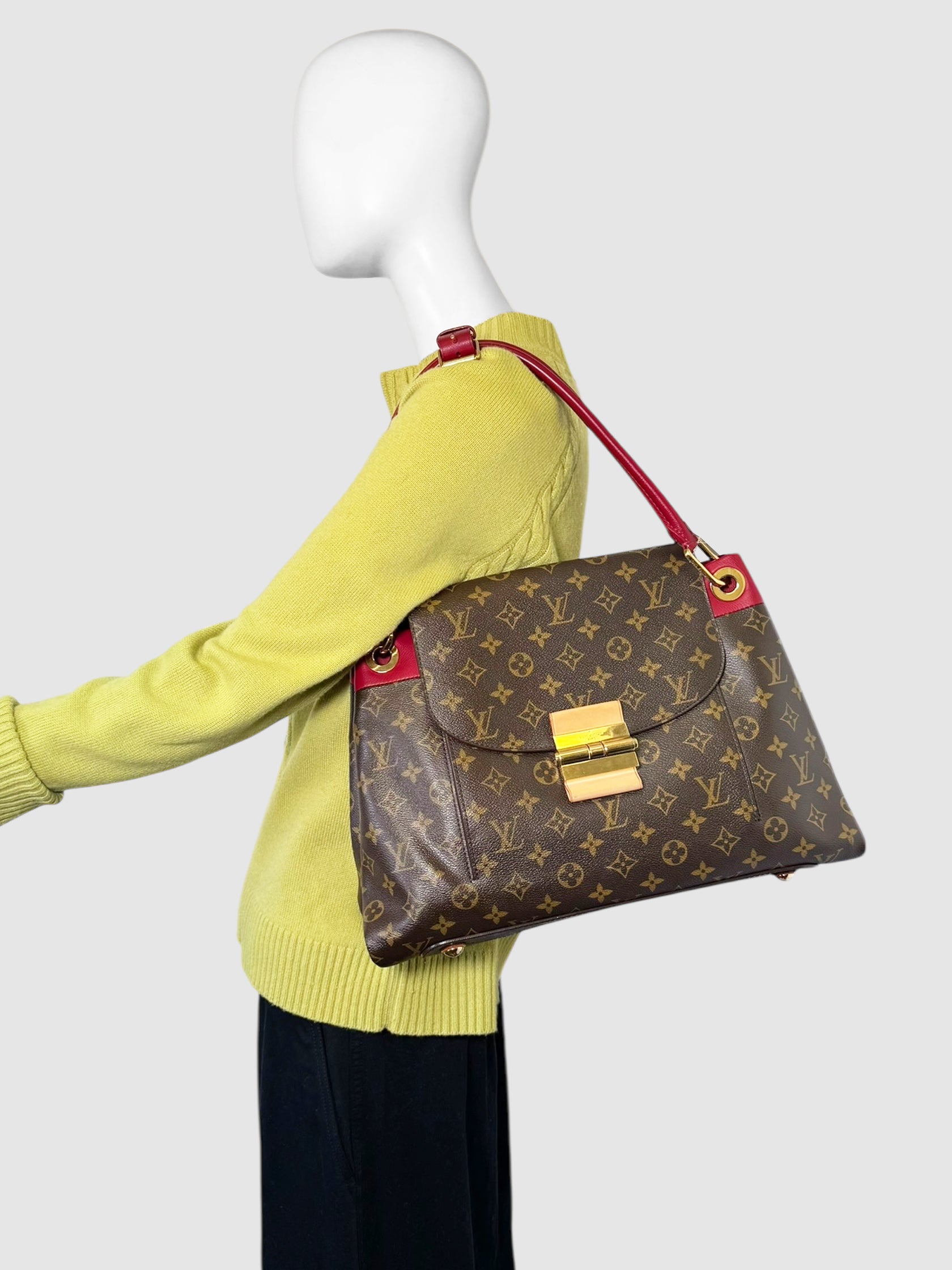 Louis Vuitton 2012 Brown Monogram with Rose Red Trim Leather Olympe Shoulder Bag Luxury Designer Resale Consignment Toronto Secondhand Handbag