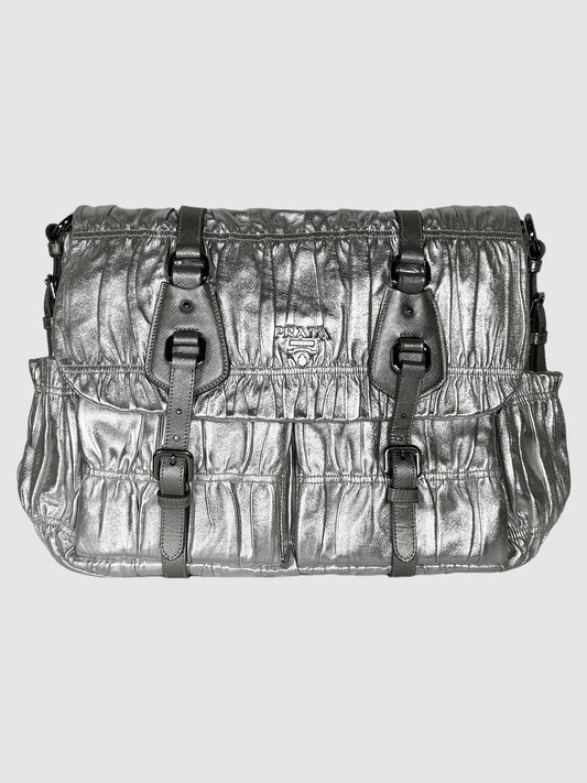 Prada Silver 2007 Nappa Dressy Gaufre Argento Shoulder Bag Consignment Secondhand Designer Luxury Resale Toronto Trendy