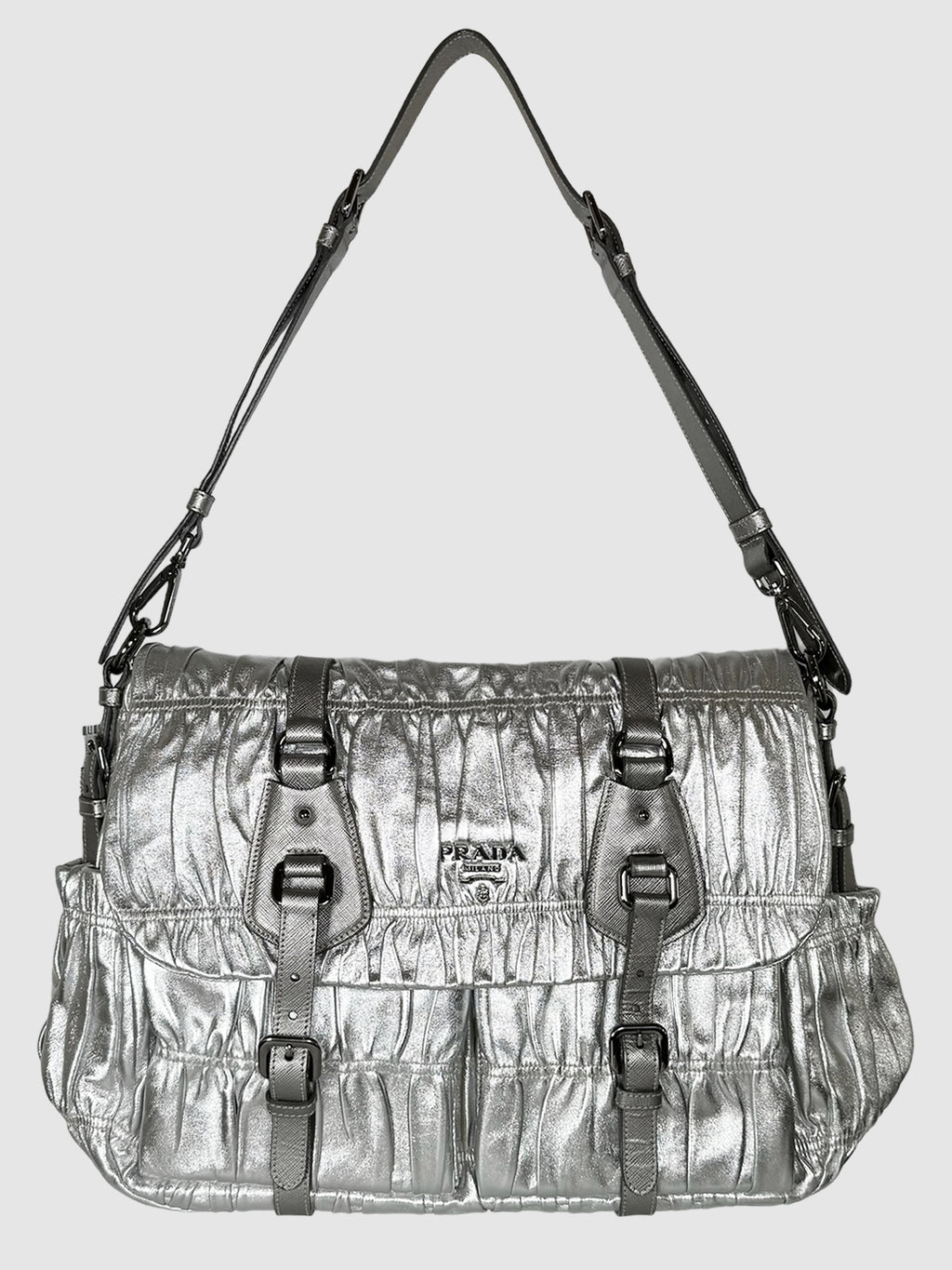 Prada Silver 2007 Nappa Dressy Gaufre Argento Shoulder Bag Consignment Secondhand Designer Luxury Resale Toronto Trendy
