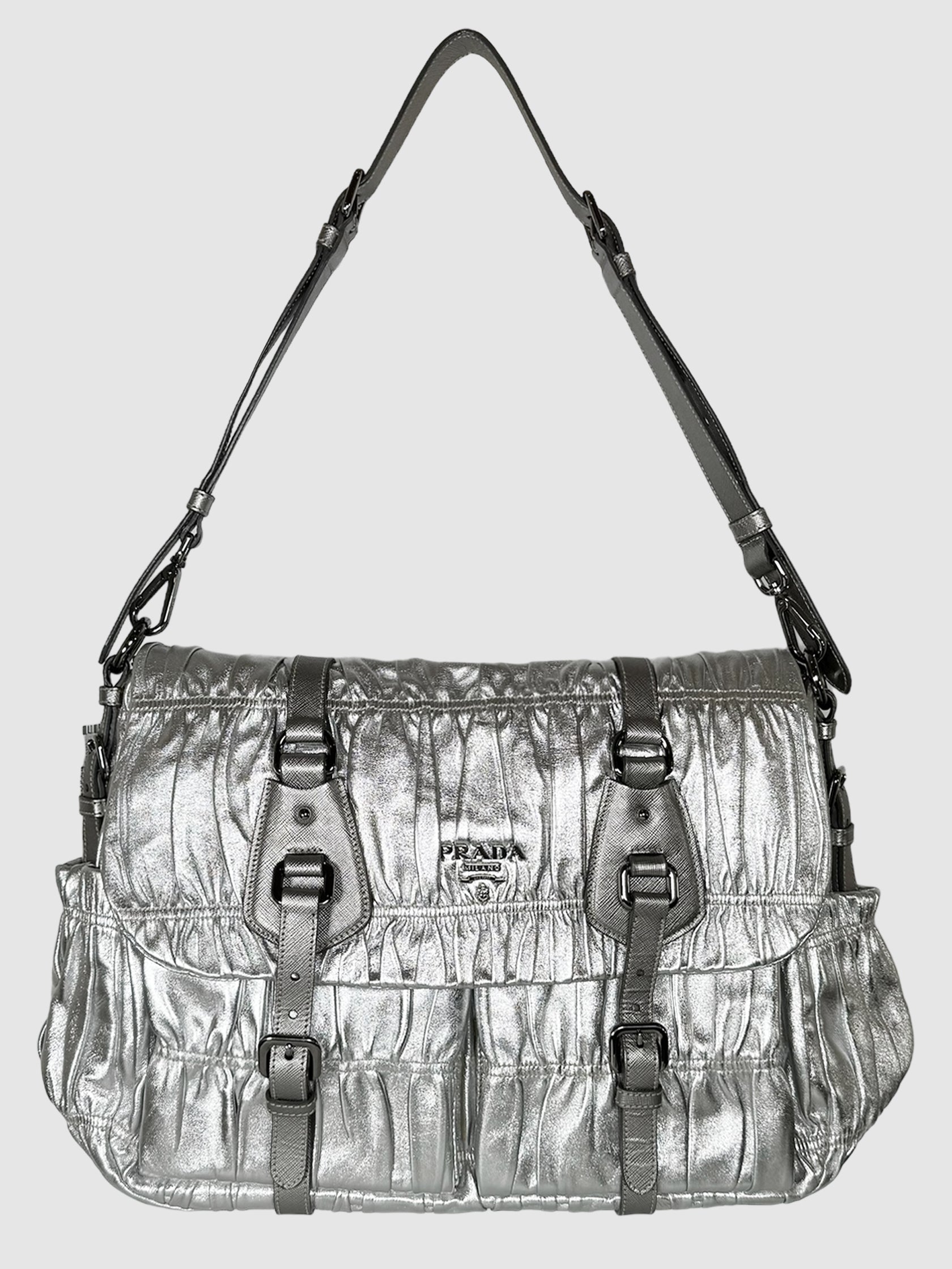 Prada Silver 2007 Nappa Dressy Gaufre Argento Shoulder Bag Consignment Secondhand Designer Luxury Resale Toronto Trendy