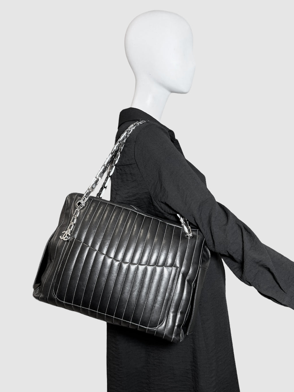 Chanel Black Mademoiselle Ligne Vertical Quilted Leather Shoulder Bag Consignment Secondhand Designer Luxury Resale Toronto Trendy