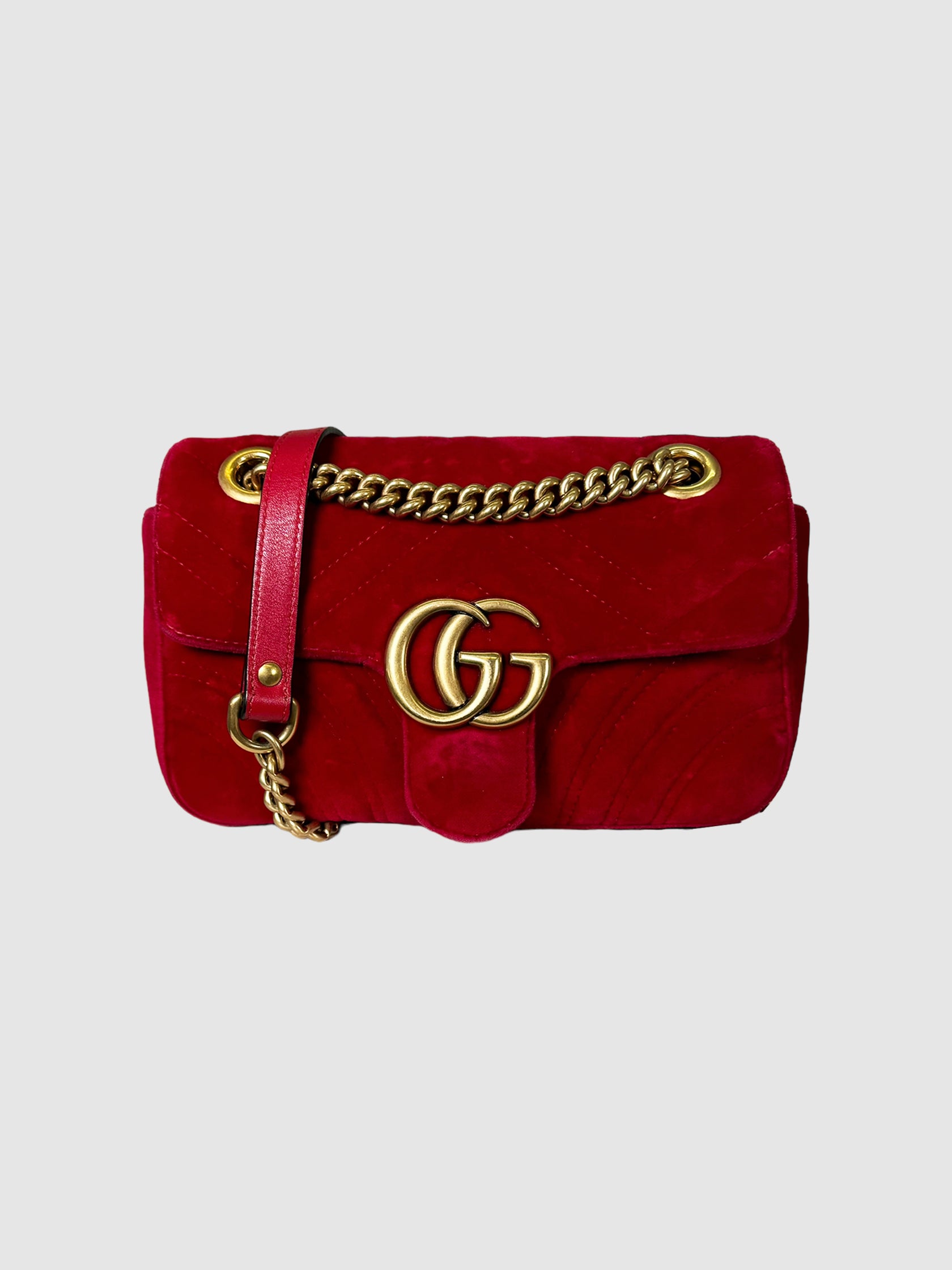 Gucci Velvet Matelasse GG Marmont Bag Red Consignment Resale Luxury Thrift Secondhand