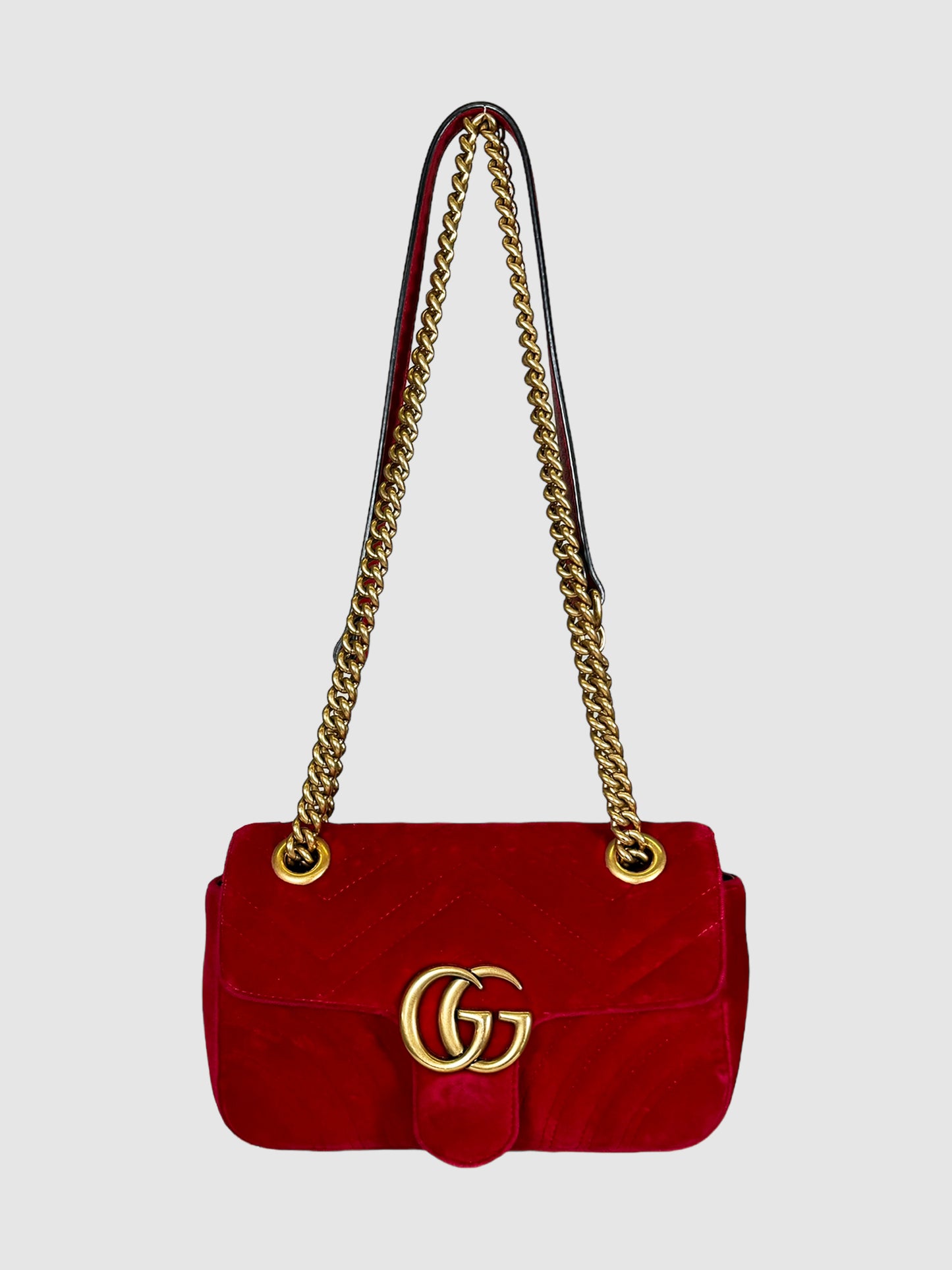 Gucci Velvet Matelasse GG Marmont Bag Red Consignment Resale Luxury Thrift Secondhand