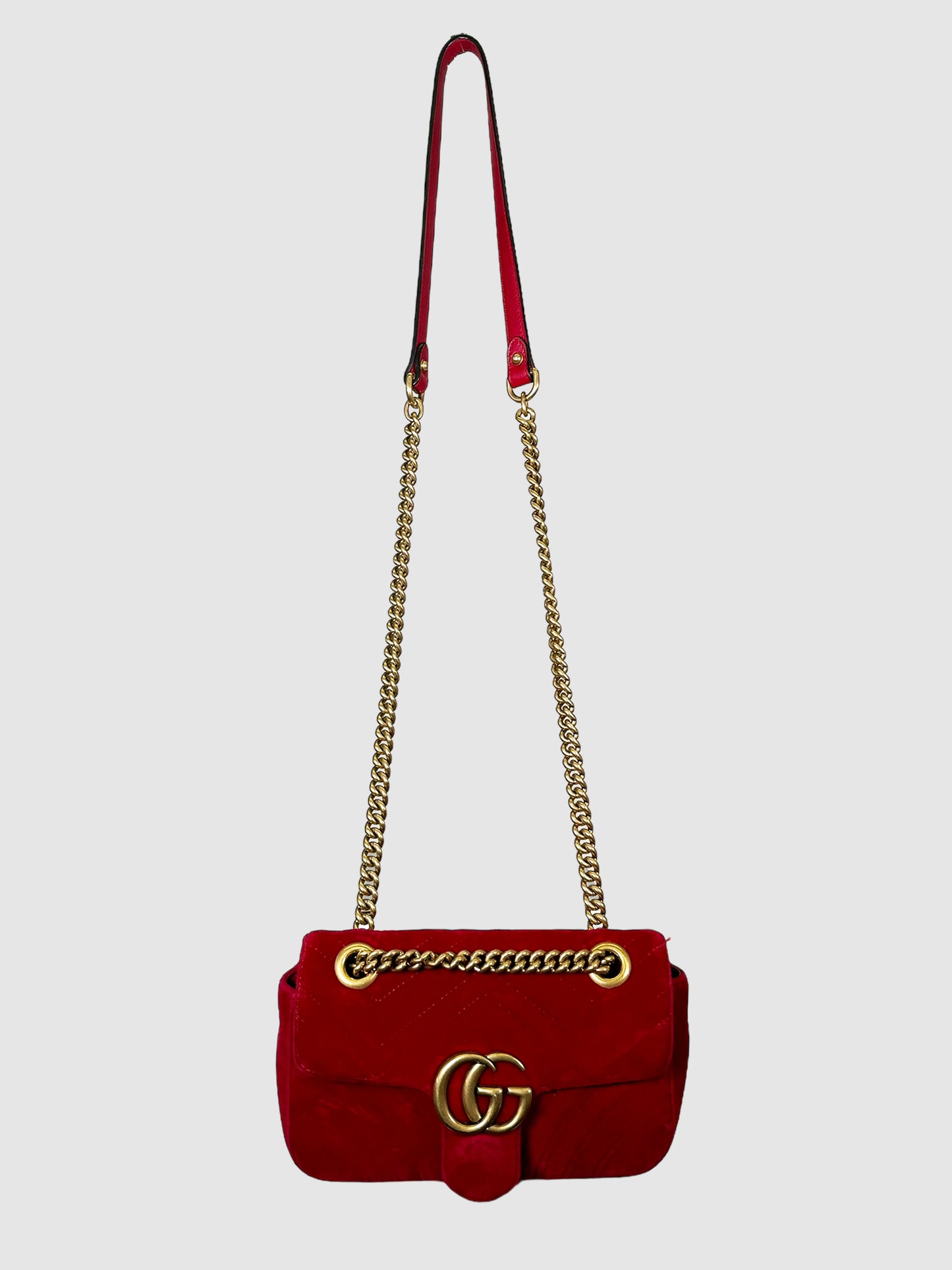 Gucci Velvet Matelasse GG Marmont Bag Red Consignment Resale Luxury Thrift Secondhand