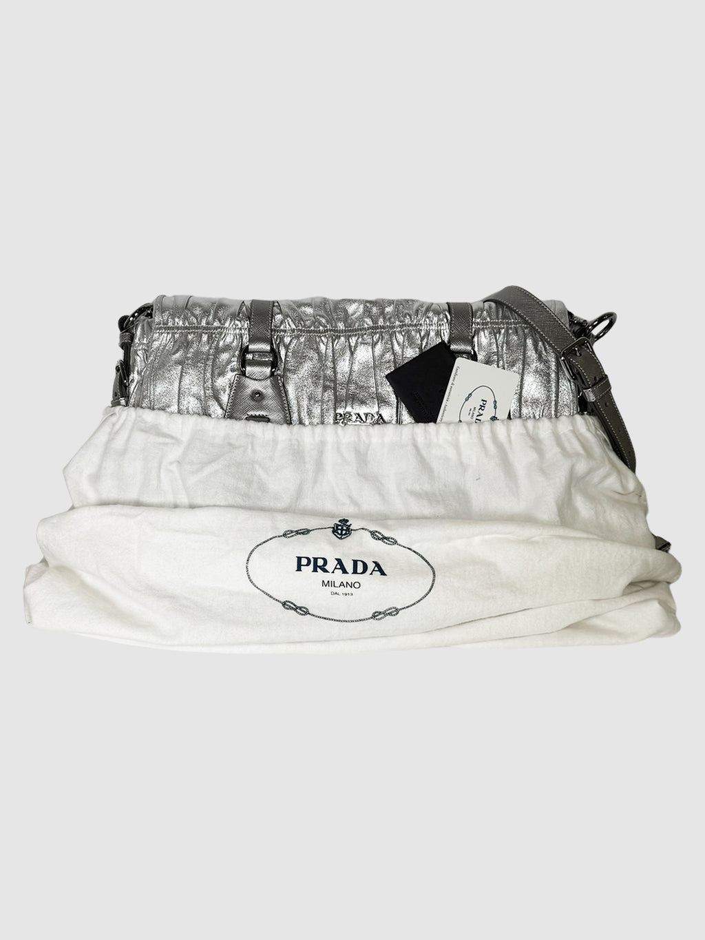 Prada Silver 2007 Nappa Dressy Gaufre Argento Shoulder Bag Consignment Secondhand Designer Luxury Resale Toronto Trendy