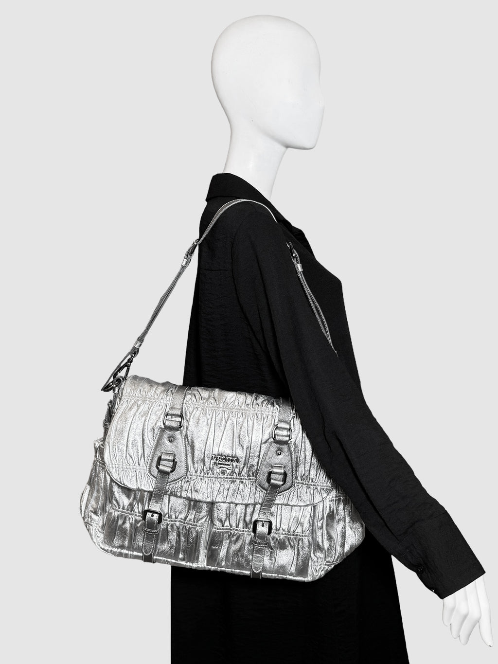 Prada Silver 2007 Nappa Dressy Gaufre Argento Shoulder Bag Consignment Secondhand Designer Luxury Resale Toronto Trendy