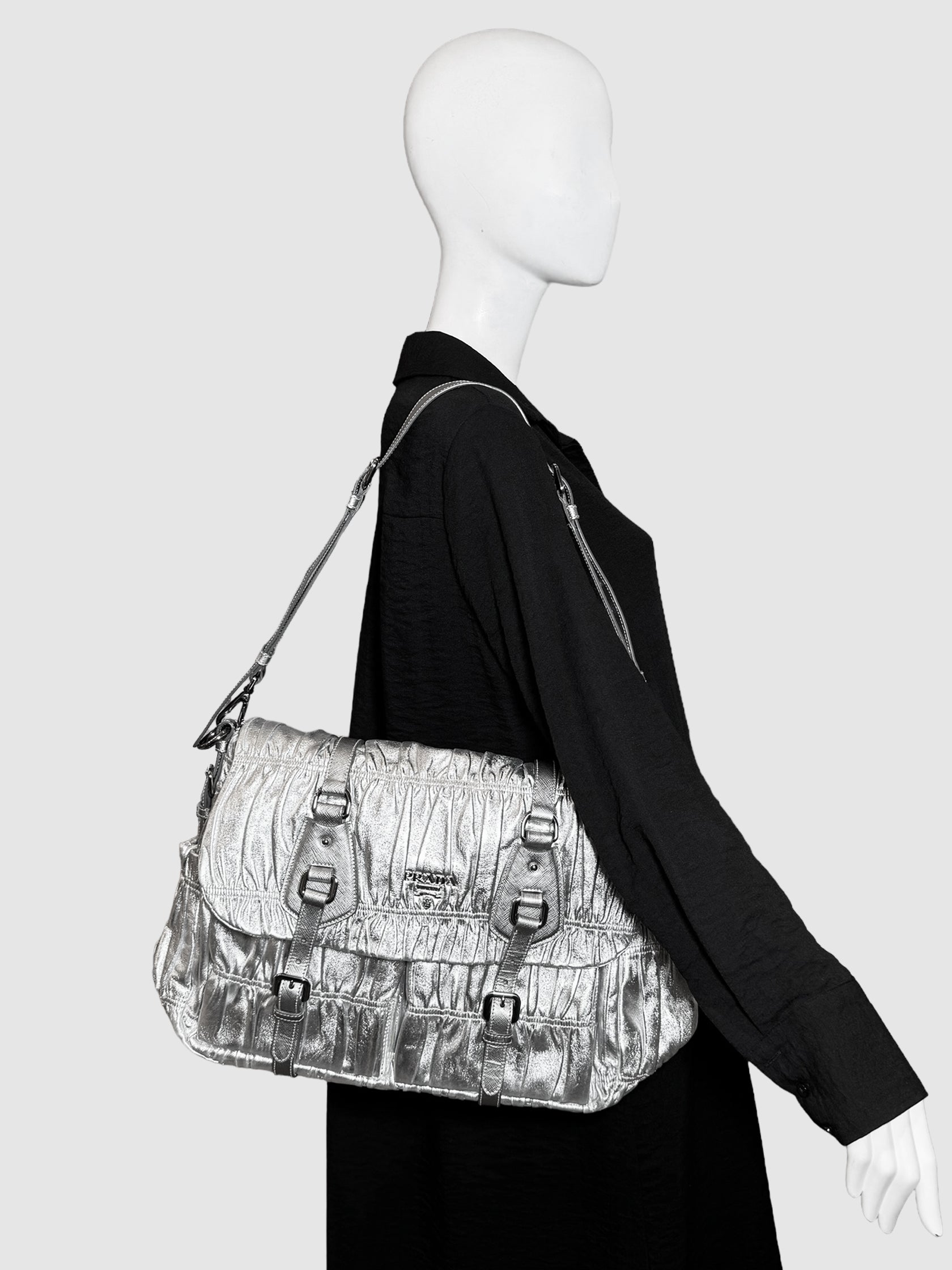 Prada Silver 2007 Nappa Dressy Gaufre Argento Shoulder Bag Consignment Secondhand Designer Luxury Resale Toronto Trendy