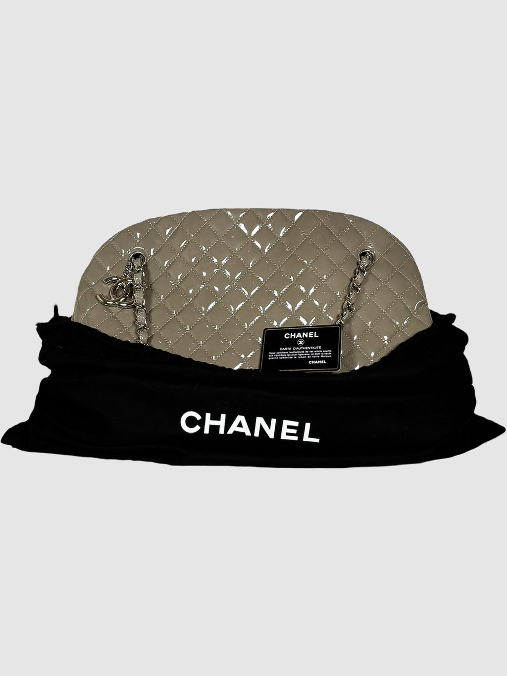 Chanel 2012 Large Just Mademoiselle Patent Leather Bowling Bag Consignment Secondhand Designer Luxury Resale Toronto Trendy