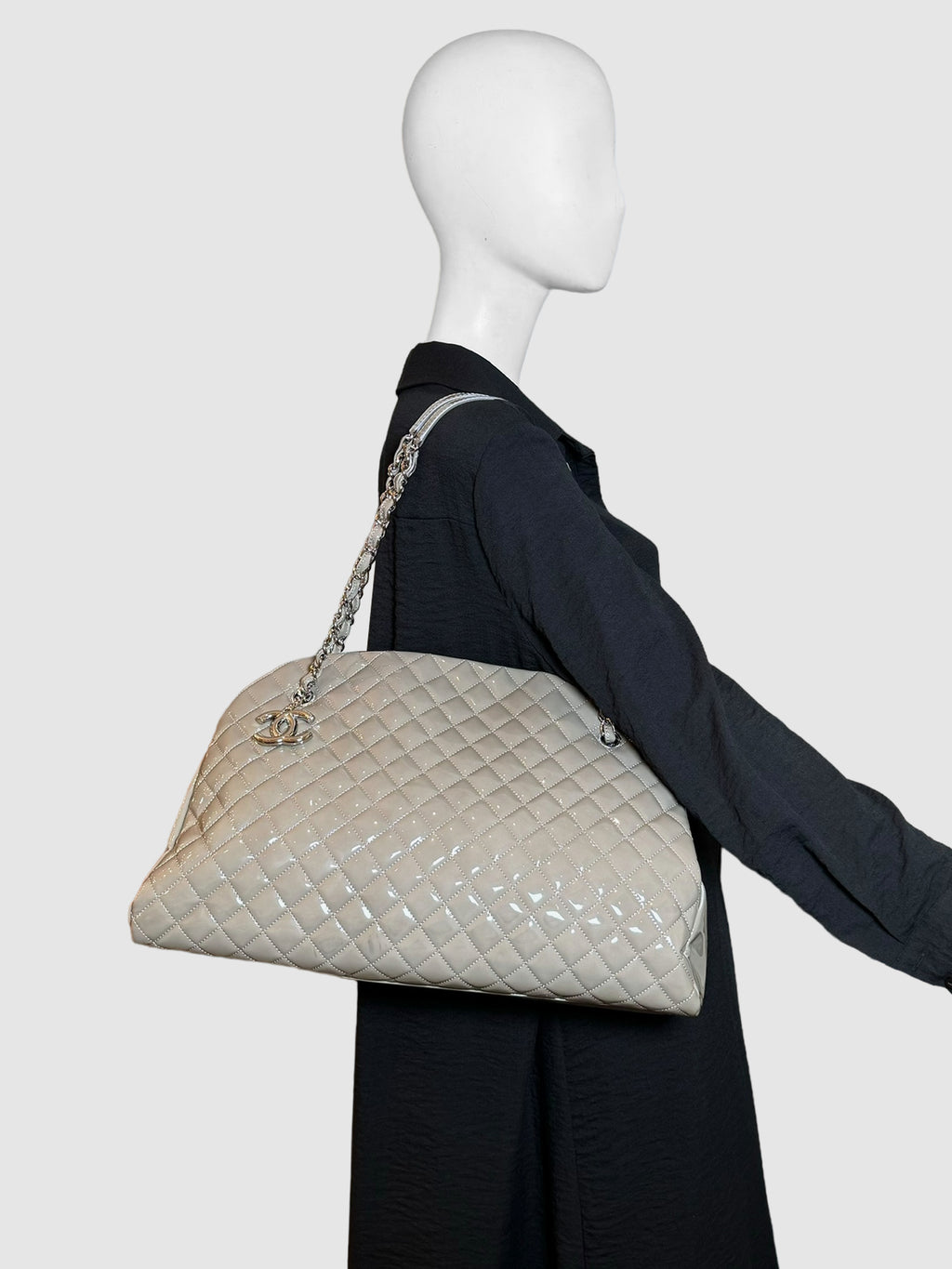 Chanel 2012 Large Just Mademoiselle Patent Leather Bowling Bag Consignment Secondhand Designer Luxury Resale Toronto Trendy