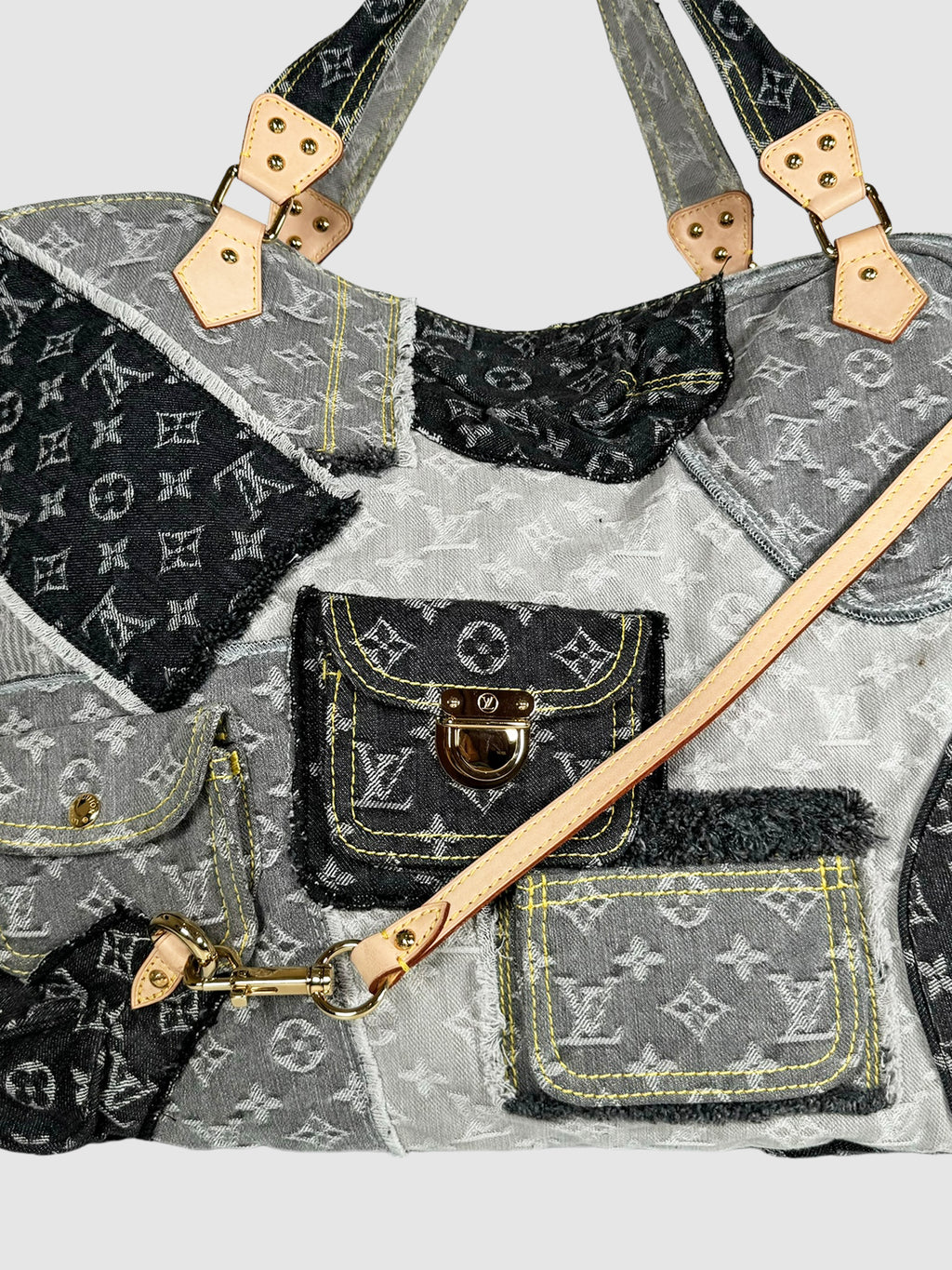 Louis Vuitton 2007 Extra Large Denim Patchwork Cabby Tote Consignment Secondhand Designer Luxury Resale Toronto Trendy