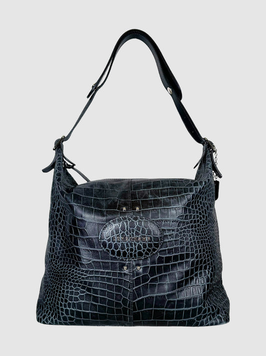 Longchamp Navy Blue Croc Embossed Leather Shoulder Bag Consignment Secondhand Designer Luxury Resale Toronto Trendy