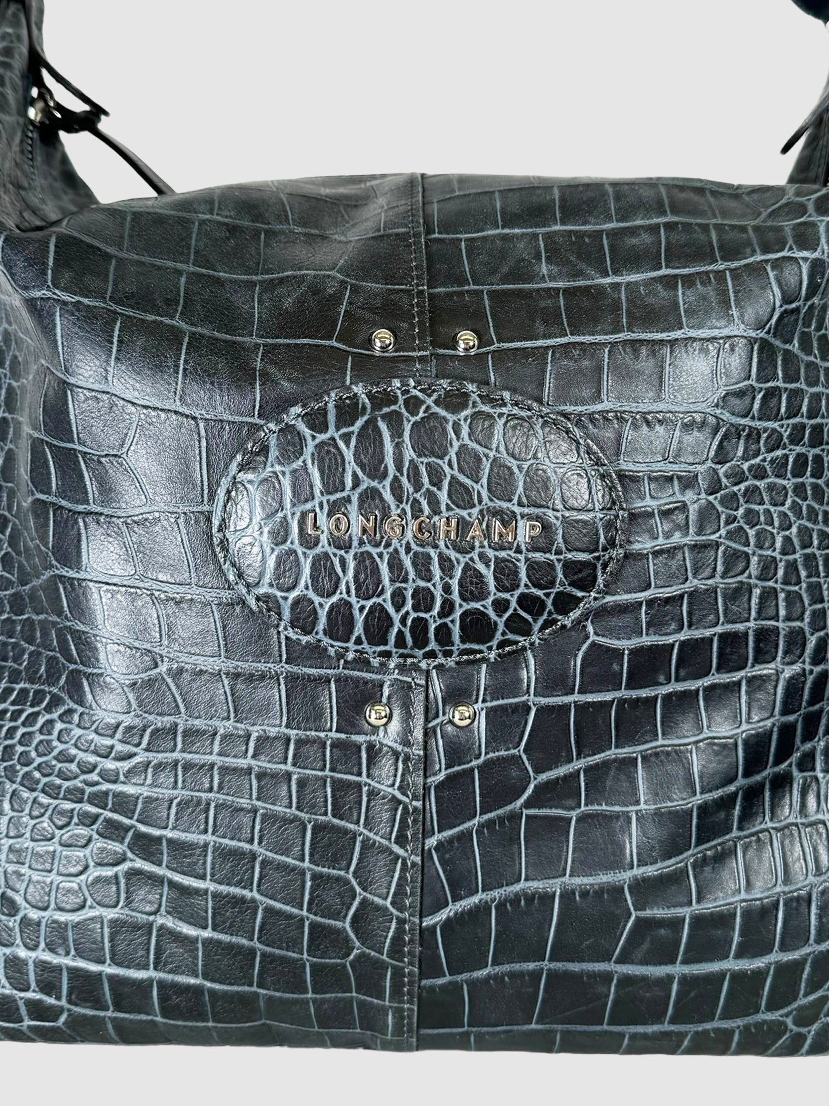 Longchamp Navy Blue Croc Embossed Leather Shoulder Bag Consignment Secondhand Designer Luxury Resale Toronto Trendy