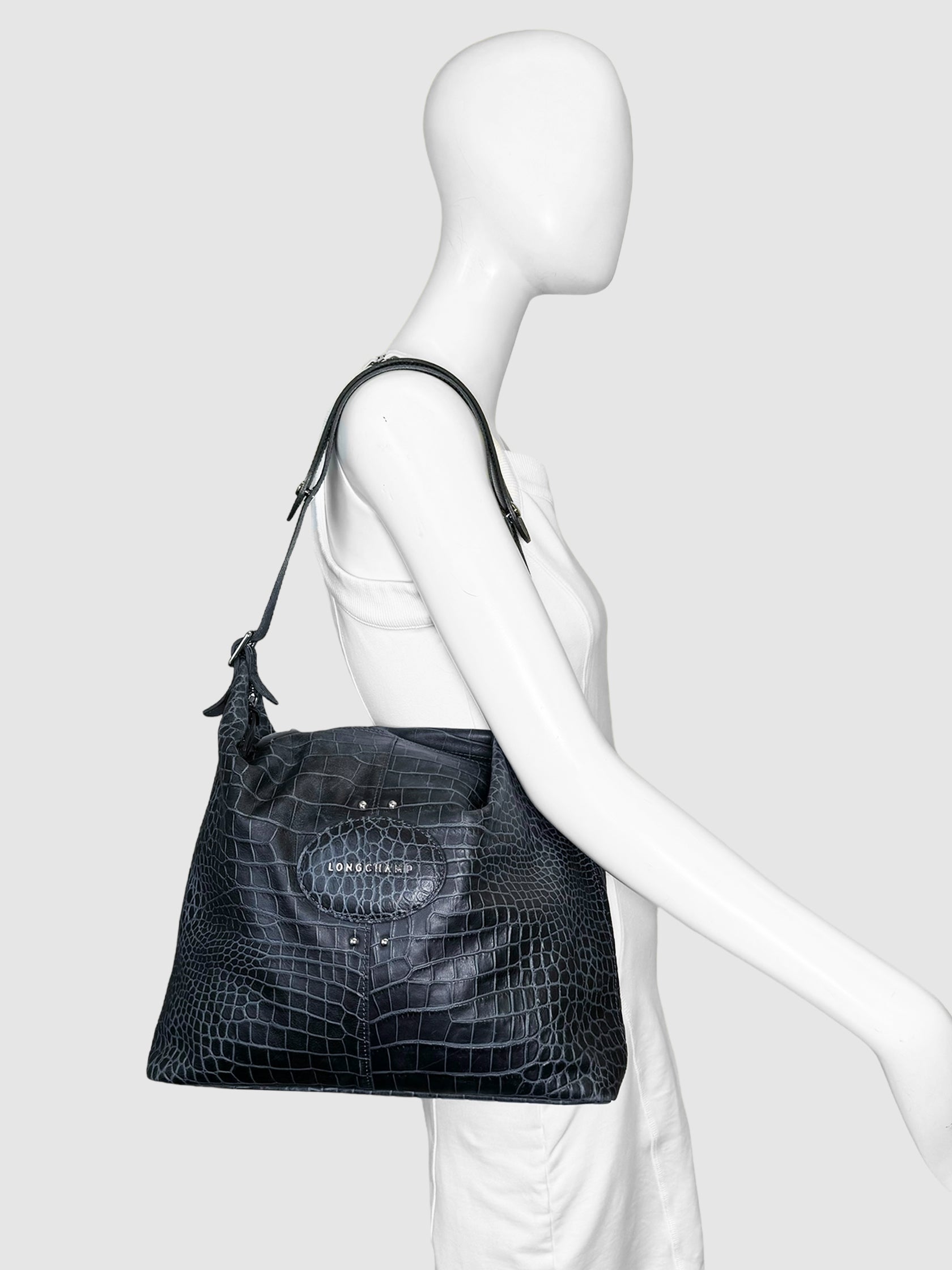 Longchamp Navy Blue Croc Embossed Leather Shoulder Bag Consignment Secondhand Designer Luxury Resale Toronto Trendy
