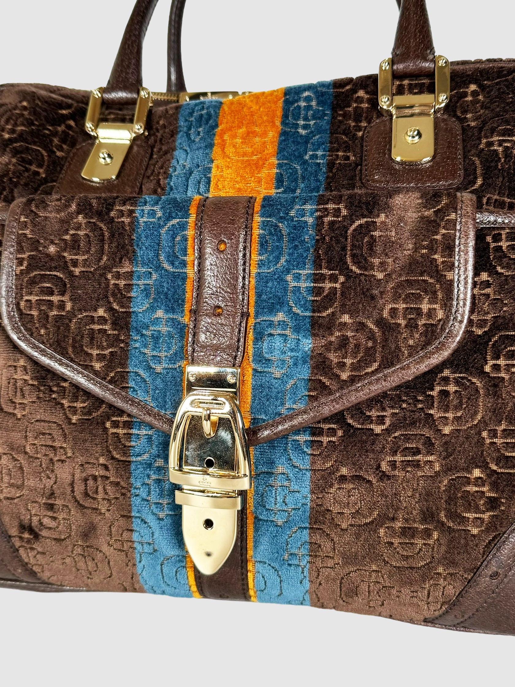 Gucci Velour Glam Tote Bag in Brown with Blue and Yellow Stripe Design Consignment Secondhand Designer Luxury Resale Toronto Trendy