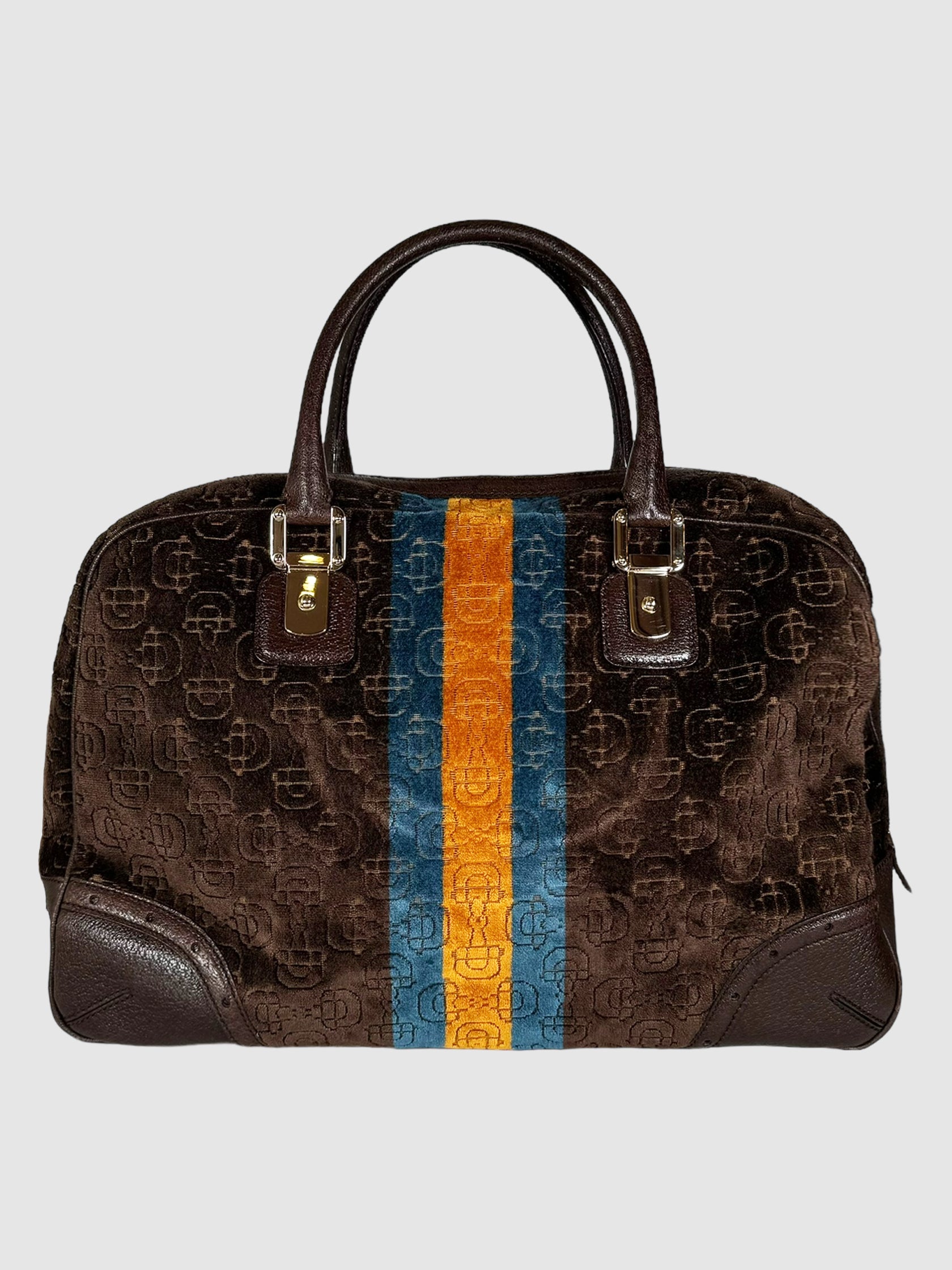Gucci Velour Glam Tote Bag in Brown with Blue and Yellow Stripe Design Consignment Secondhand Designer Luxury Resale Toronto Trendy