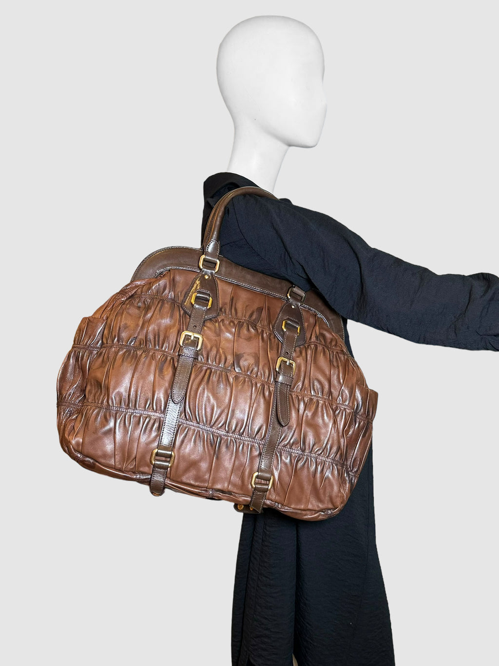 Prada 2006 Large Nappa Gaufre Leather Handbag in Brown Consignment Secondhand Designer Luxury Resale Toronto Trendy