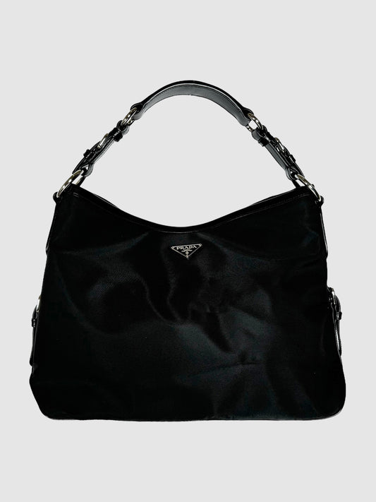 Prada Medium Belted Leather Hobo Shoulder Bag in Black Consignment Secondhand Designer Luxury Resale Toronto Trendy