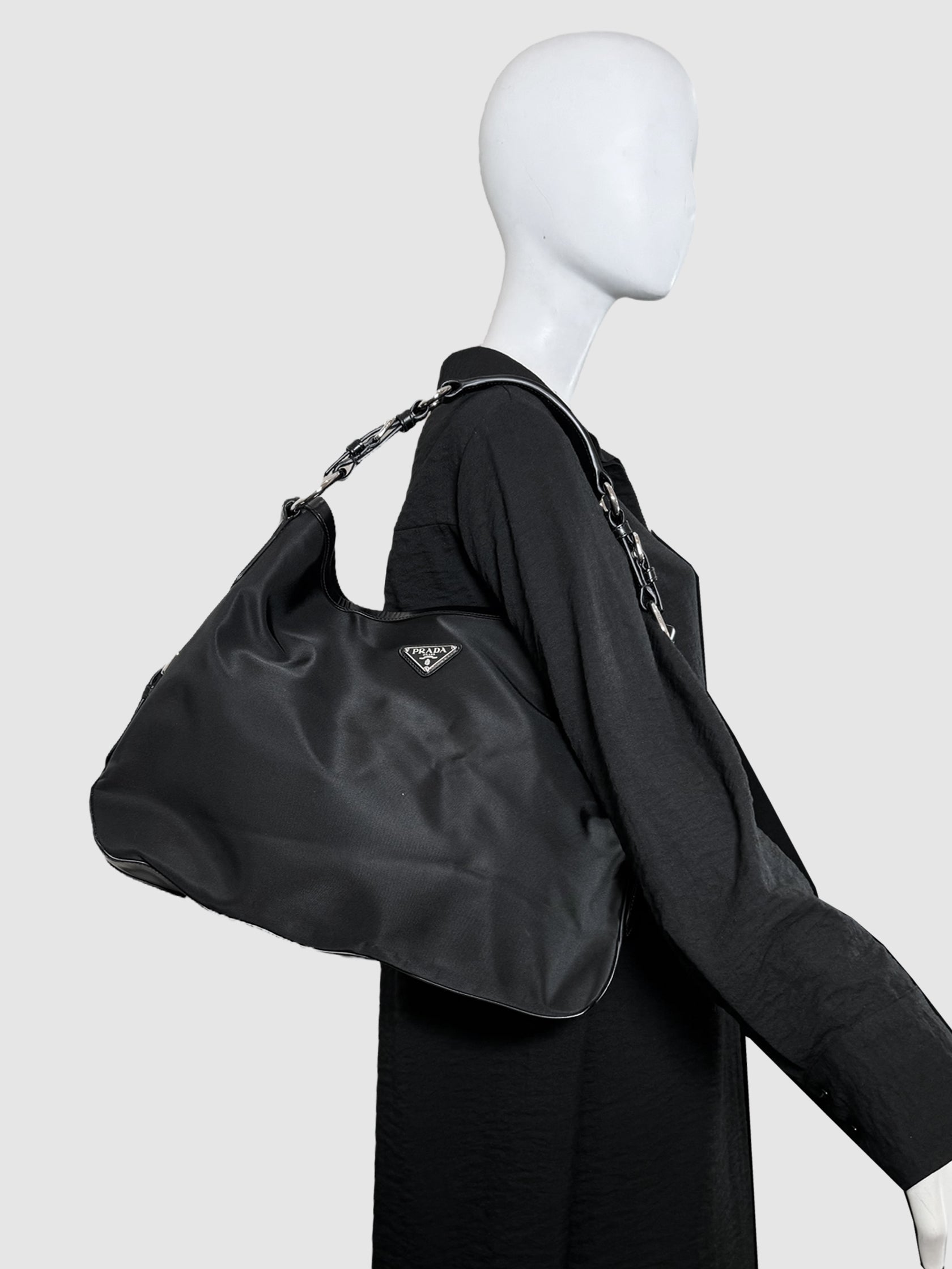 Prada Medium Belted Leather Hobo Shoulder Bag in Black Consignment Secondhand Designer Luxury Resale Toronto Trendy