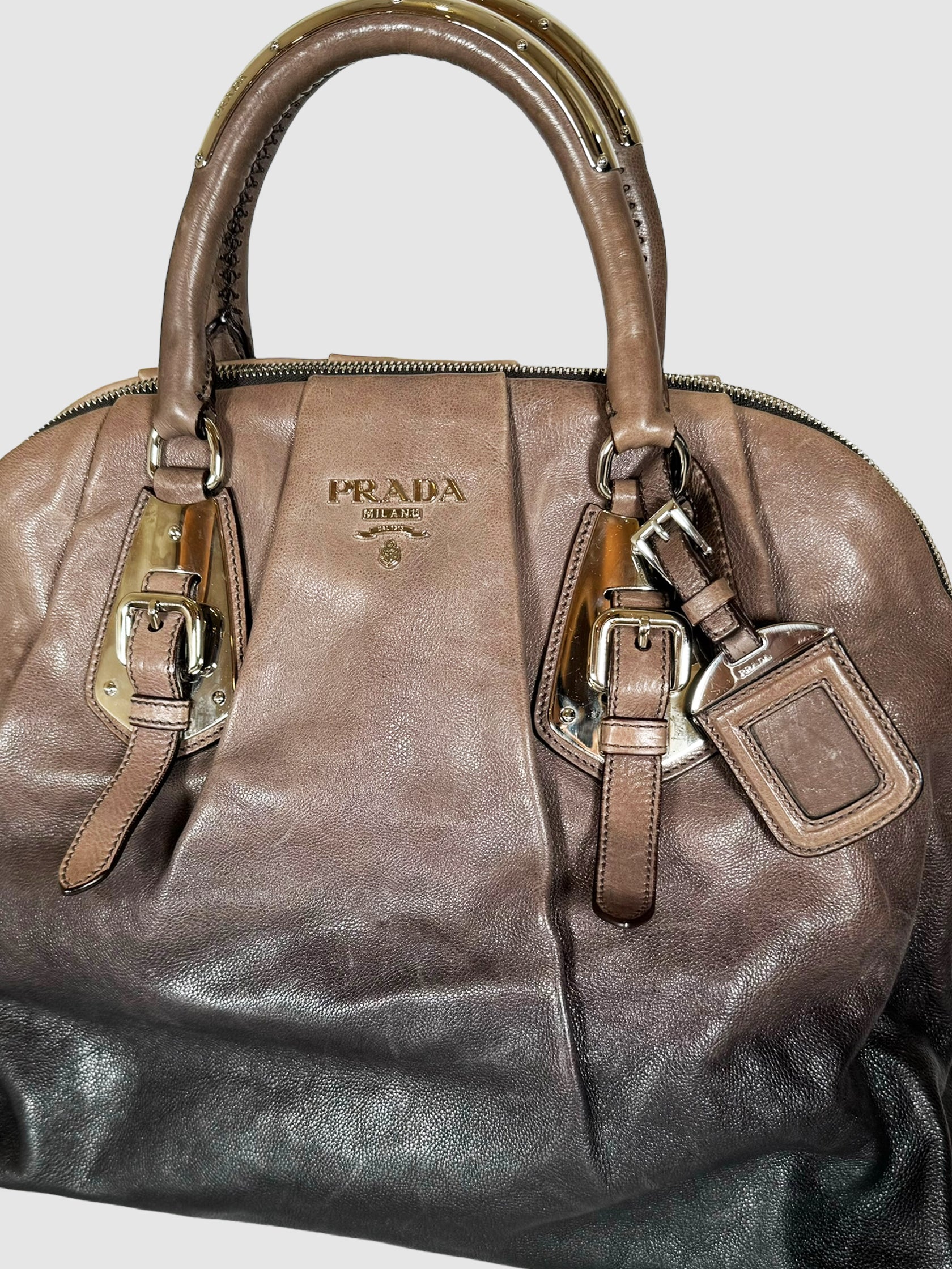 Prada 2007 Glaze Ombré Leather Dome Satchel Bag Brown and Black Consignment Secondhand Designer Luxury Resale Toronto Trendy